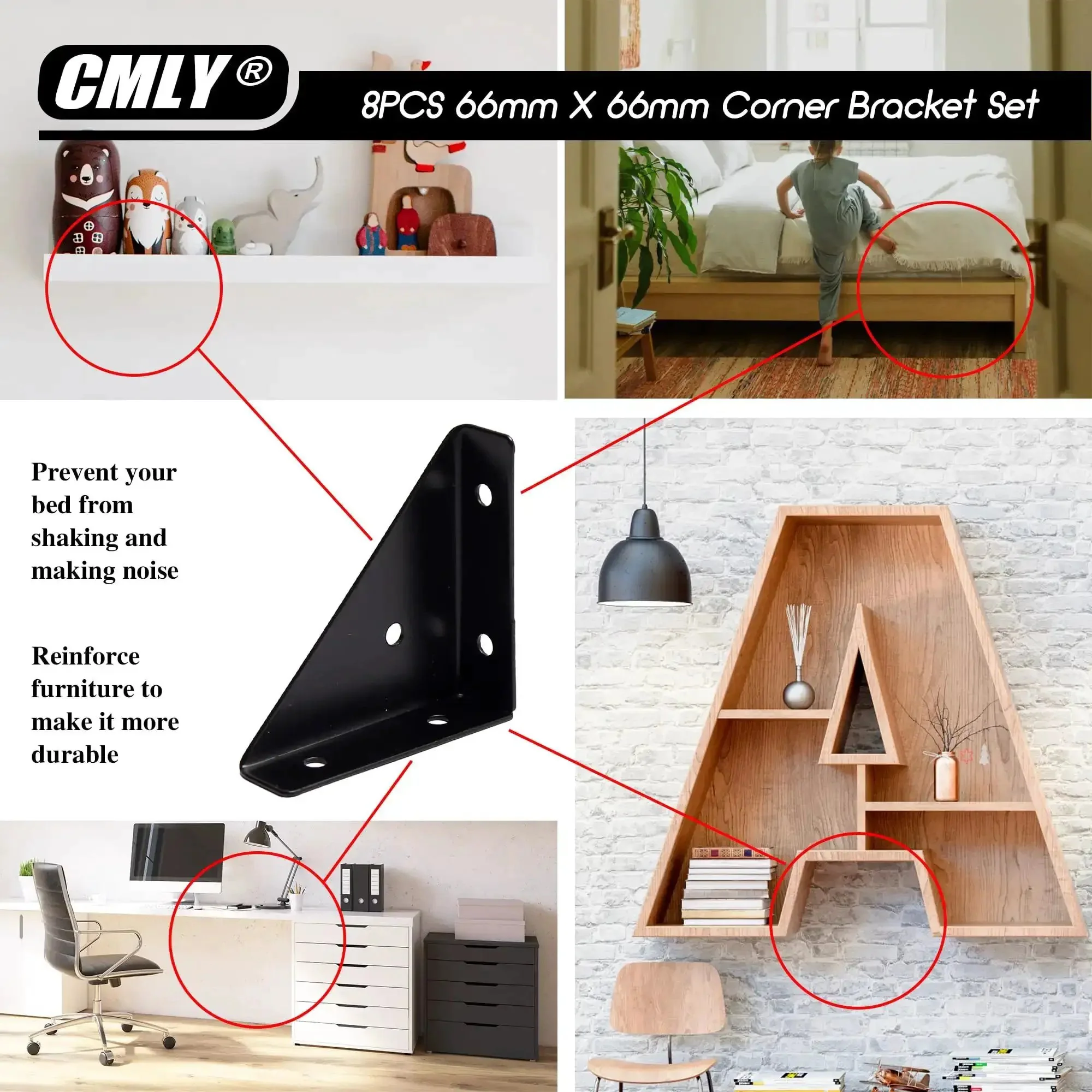 Black 8 Pack 66mm Triangle Shelf Brackets For Wood Metal And Cabinets, 90 Degree Corner Desk Connectors, Beefy Heavy Duty Cold Rolled Steel, Corrosion Resistant, Easy Install, Keeps Shelves Solid - Image 3