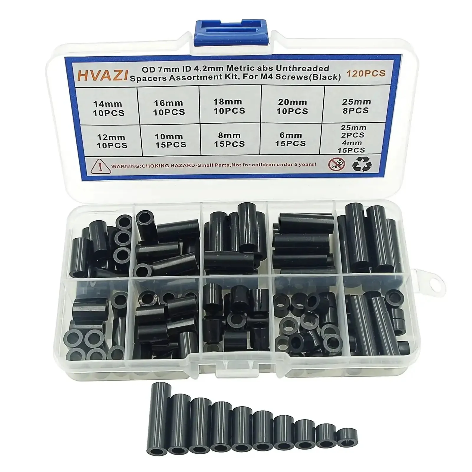 Black ABS Round Spacers Kit For M4 Screws, Unthreaded Standoffs, Metric 7Mm OD By 4.2Mm ID, 10 Size Range From 4Mm To 25Mm, 120 Pieces, Great DIY Electronics Hardware Pack