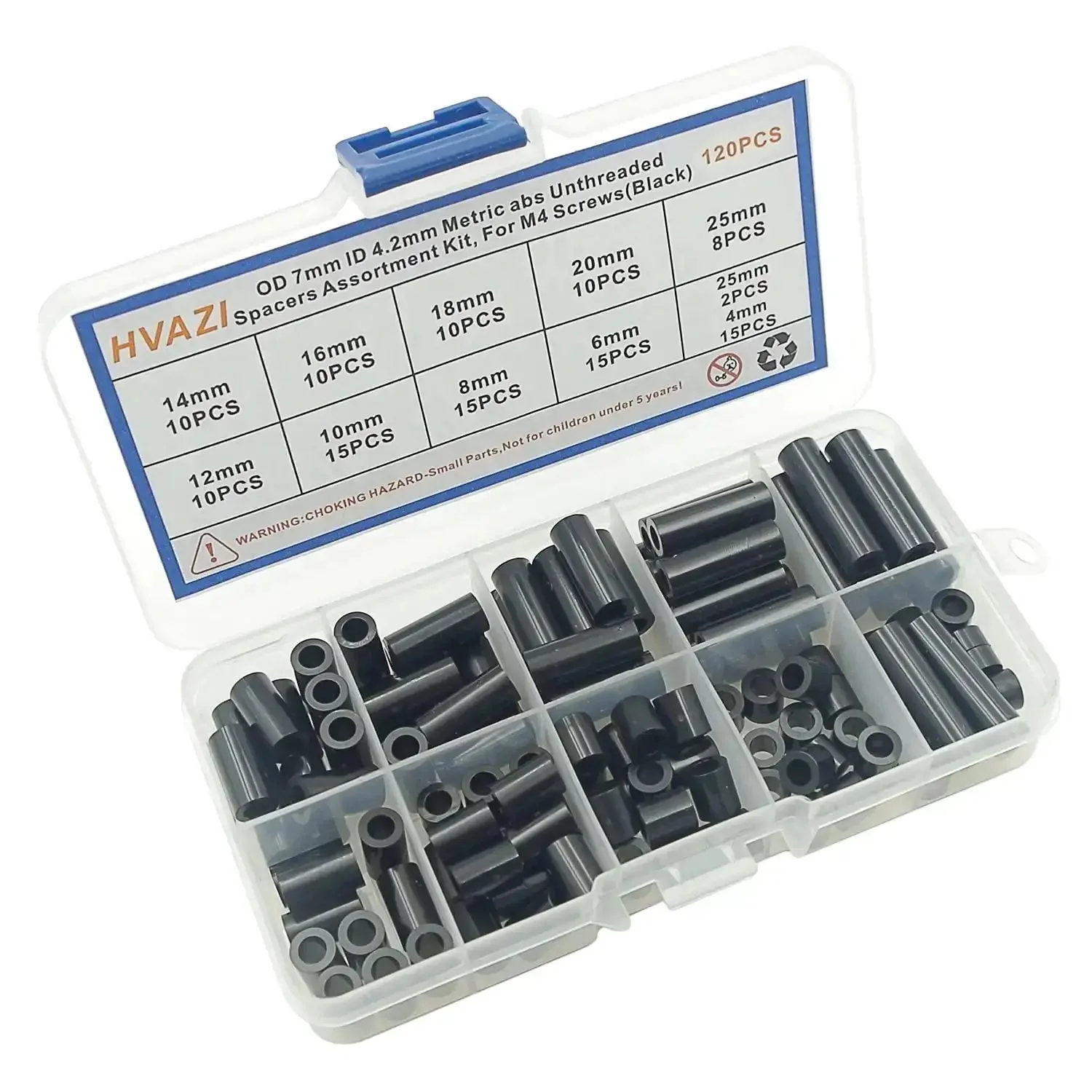 Black ABS Round Spacers Kit For M4 Screws, Unthreaded Standoffs, Metric 7Mm OD By 4.2Mm ID, 10 Size Range From 4Mm To 25Mm, 120 Pieces, Great DIY Electronics Hardware Pack - Image 3
