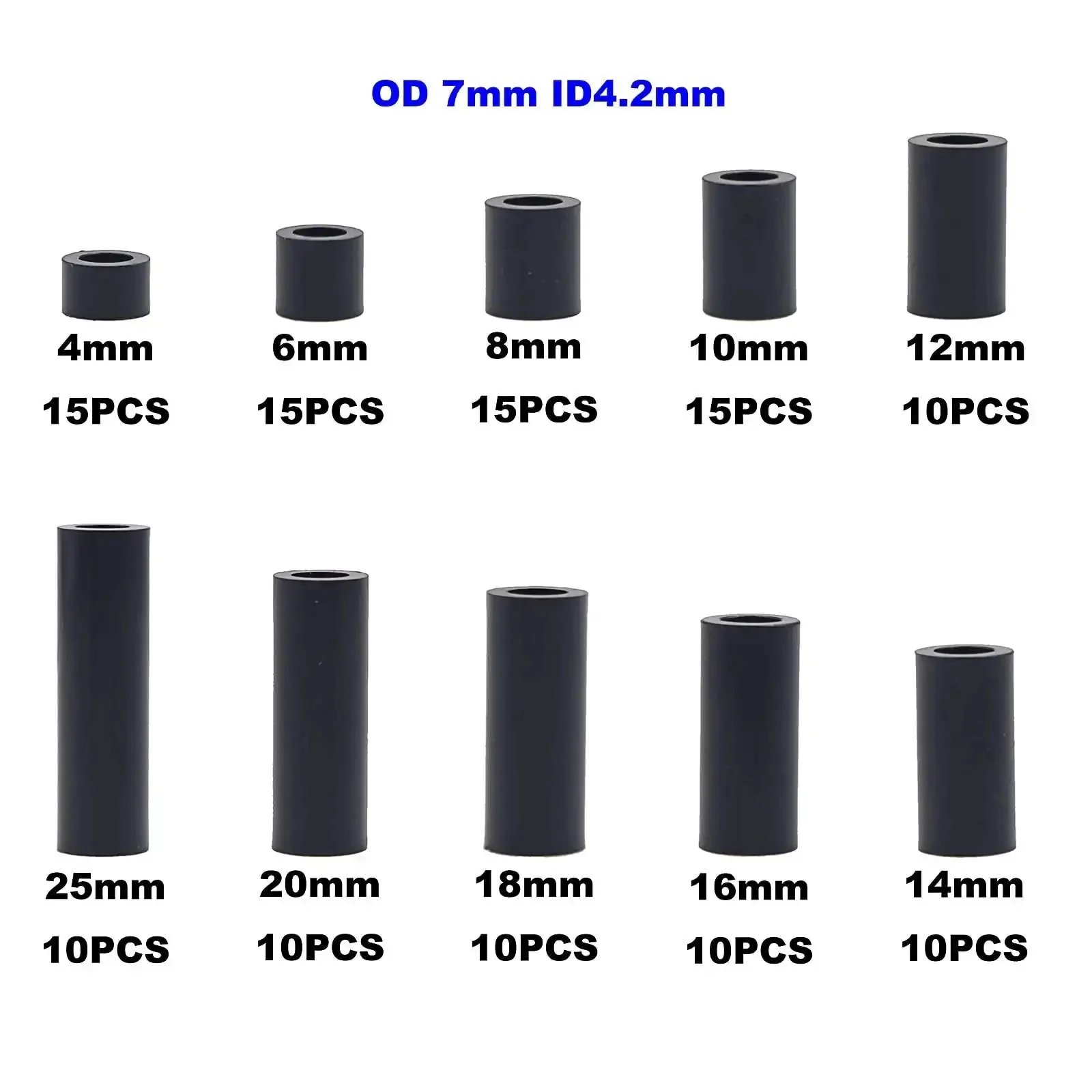 Black ABS Round Spacers Kit For M4 Screws, Unthreaded Standoffs, Metric 7Mm OD By 4.2Mm ID, 10 Size Range From 4Mm To 25Mm, 120 Pieces, Great DIY Electronics Hardware Pack - Image 7