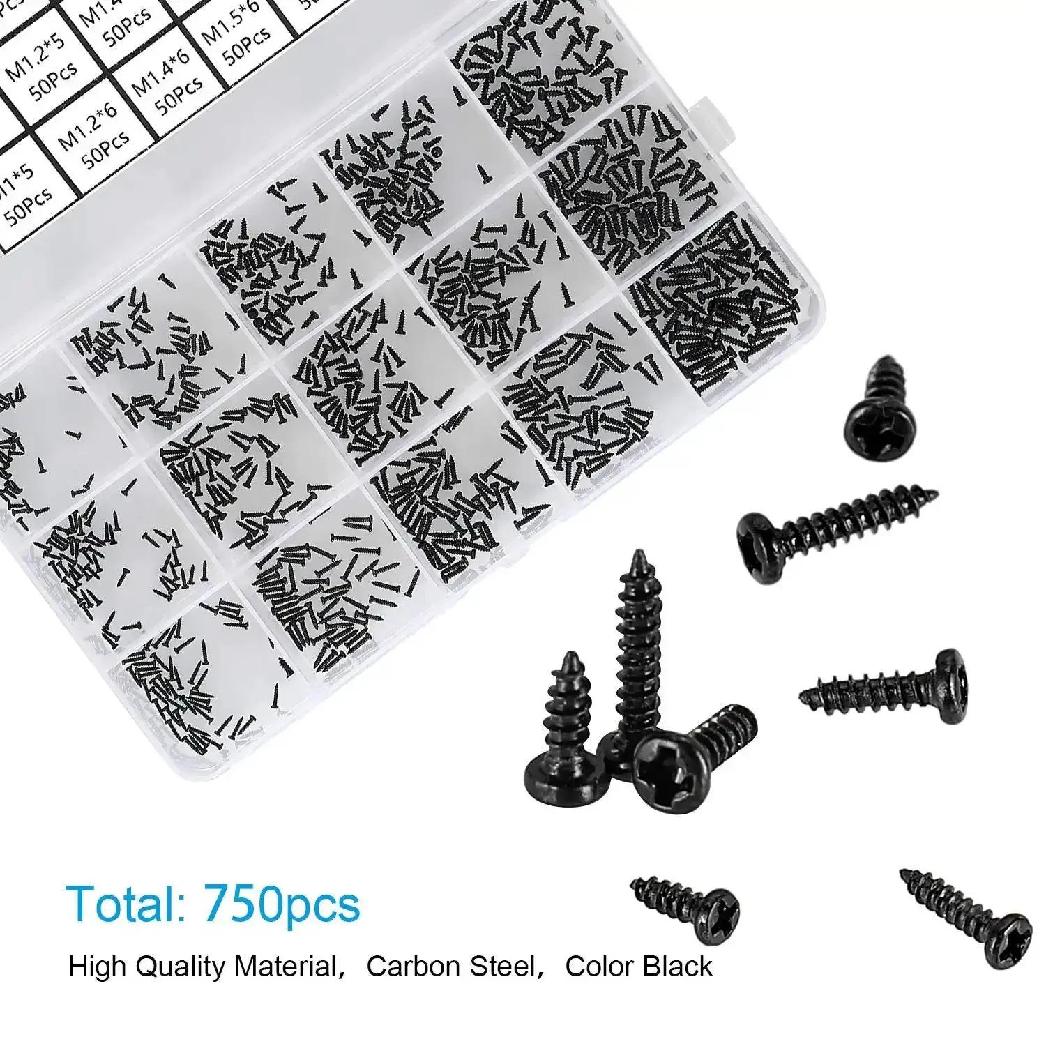 Black Carbon Steel Tiny Phillips Pan Head Self Tapping Screws Set 750 Pcs In 15 Sizes For Electronics Micro Wood Screws Kit M1 To M1.7 With M1x3mm M1x4mm M1x5mm M1.2x4mm And More - Image 7
