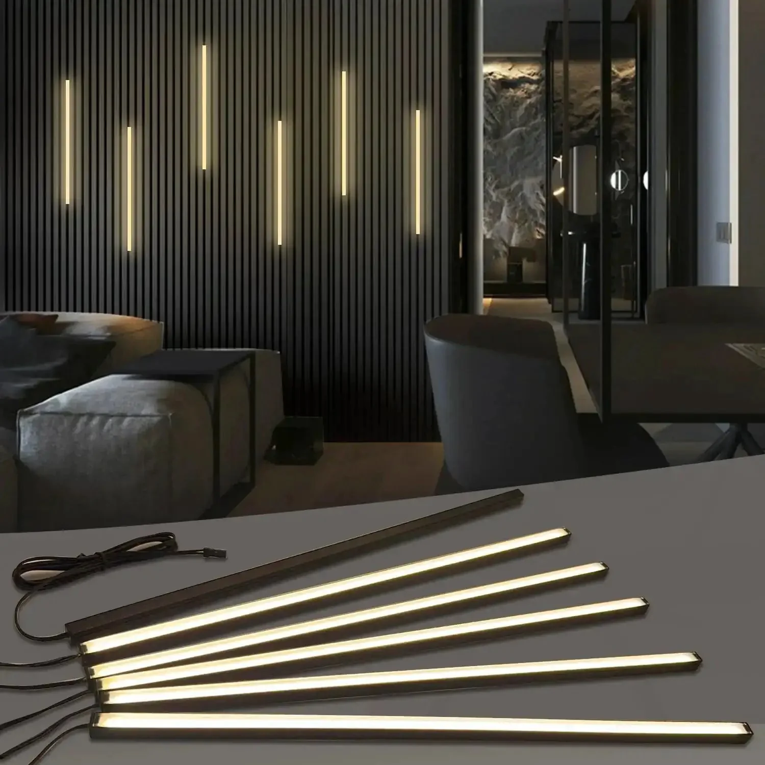 Black LED Recessed Lighting Kit Dope Six Pack Sixteen Inch 3000K Dimmable Warm White Lights With Touch Switch For Wood Slat Wall Panels Headboards Stairs Under Cabinet Home Decor DIY Friendly