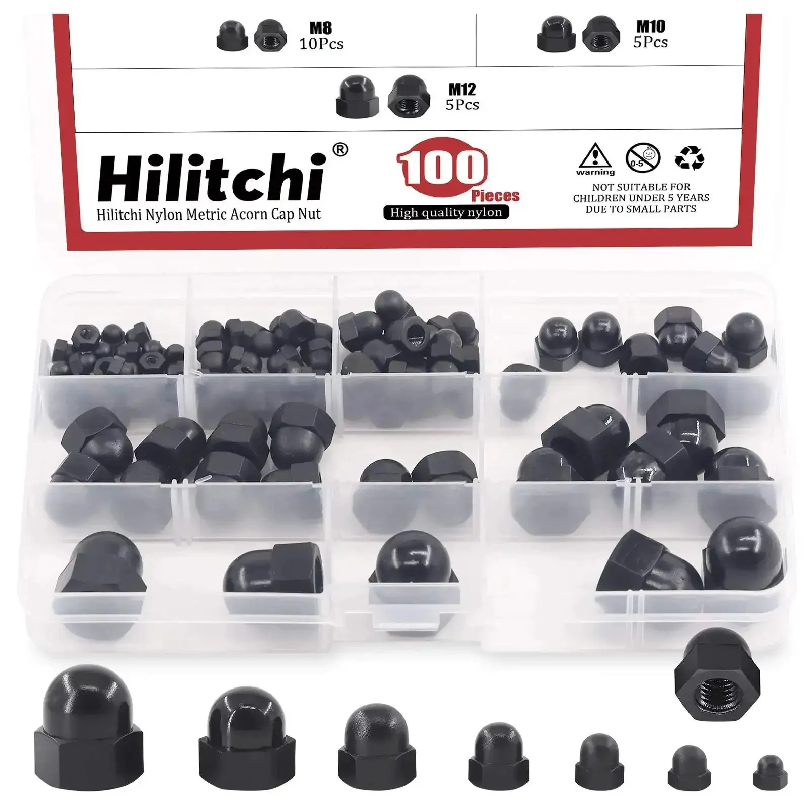 Black Nylon Acorn Nuts Assortment Kit 7 Sizes 100 Pcs Inner Threaded Dome Cap Nuts M3 M4 M5 M6 M8 M10 M12 A Go To Must Have Set For Metric Bolts Durable Lightweight High Strength Hardware Fasteners