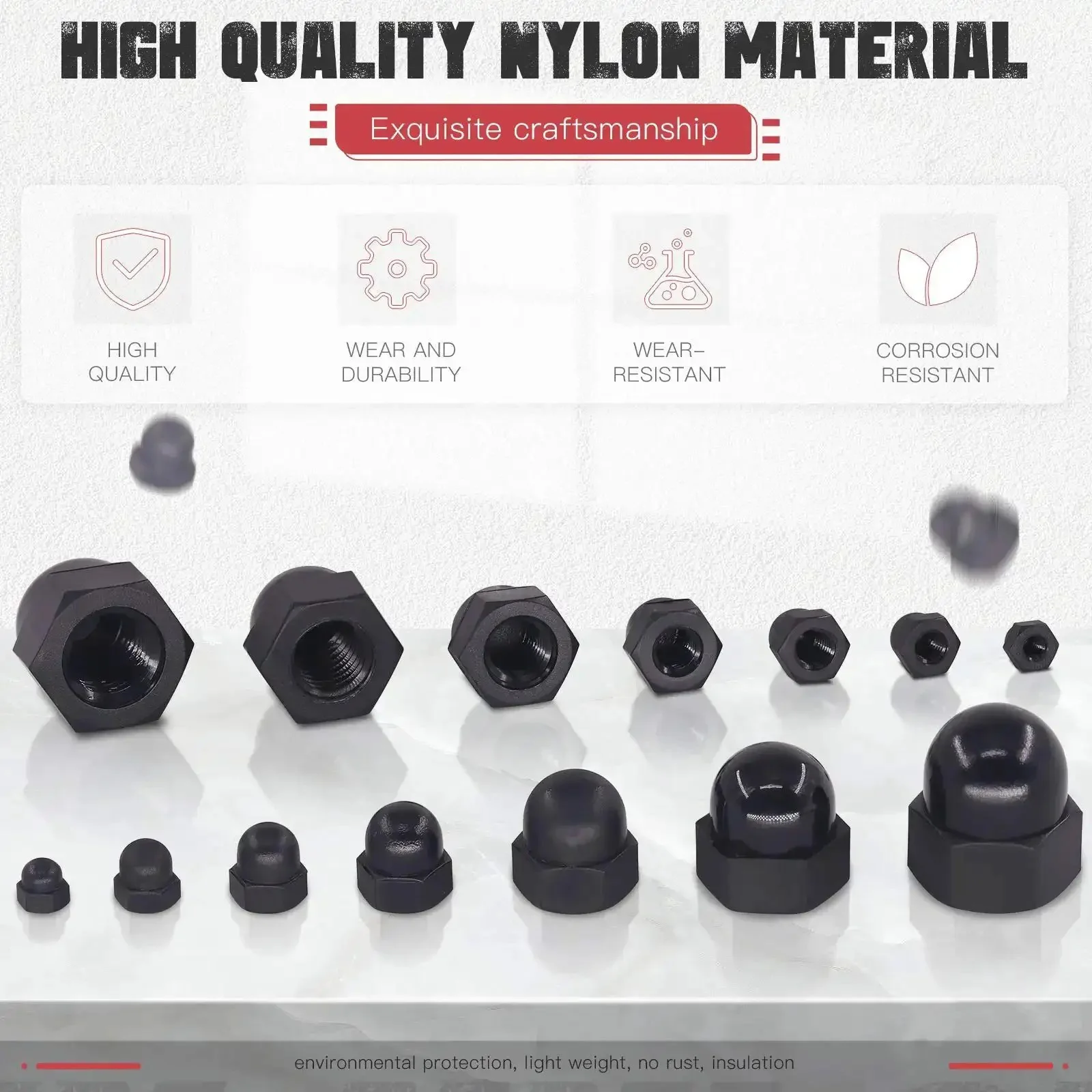 Black Nylon Acorn Nuts Assortment Kit 7 Sizes 100 Pcs Inner Threaded Dome Cap Nuts M3 M4 M5 M6 M8 M10 M12 A Go To Must Have Set For Metric Bolts Durable Lightweight High Strength Hardware Fasteners - Image 6