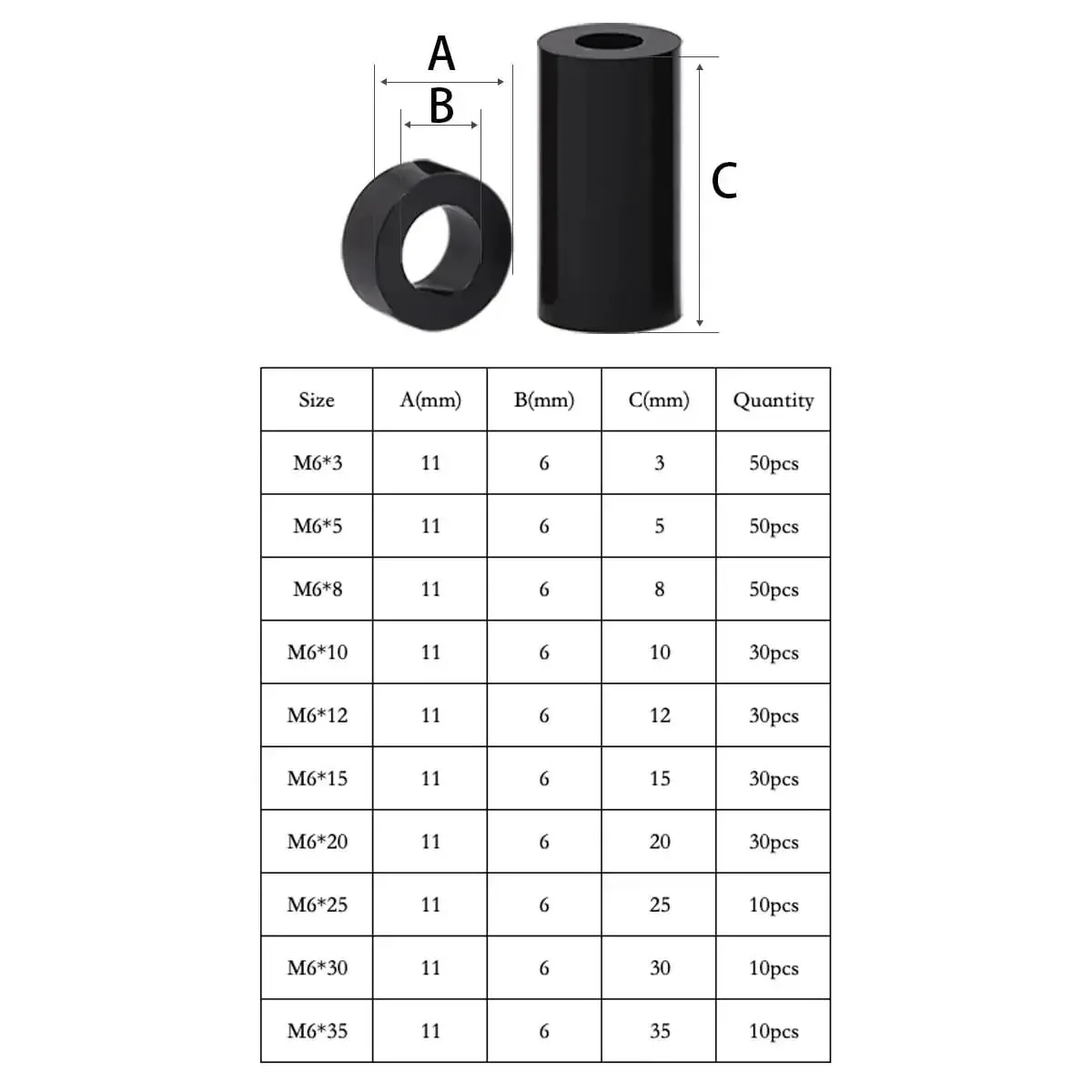 Black Nylon Round Spacers For M6 Screws No Thread Mixed Lengths 3mm, 5mm, 8mm, 10mm, 12mm, 15mm, 20mm, 25mm, 30mm, 35mm 300 Pieces Ideal For Brackets, Electrical Boxes, Home Improvement And DIY Projects - Image 2