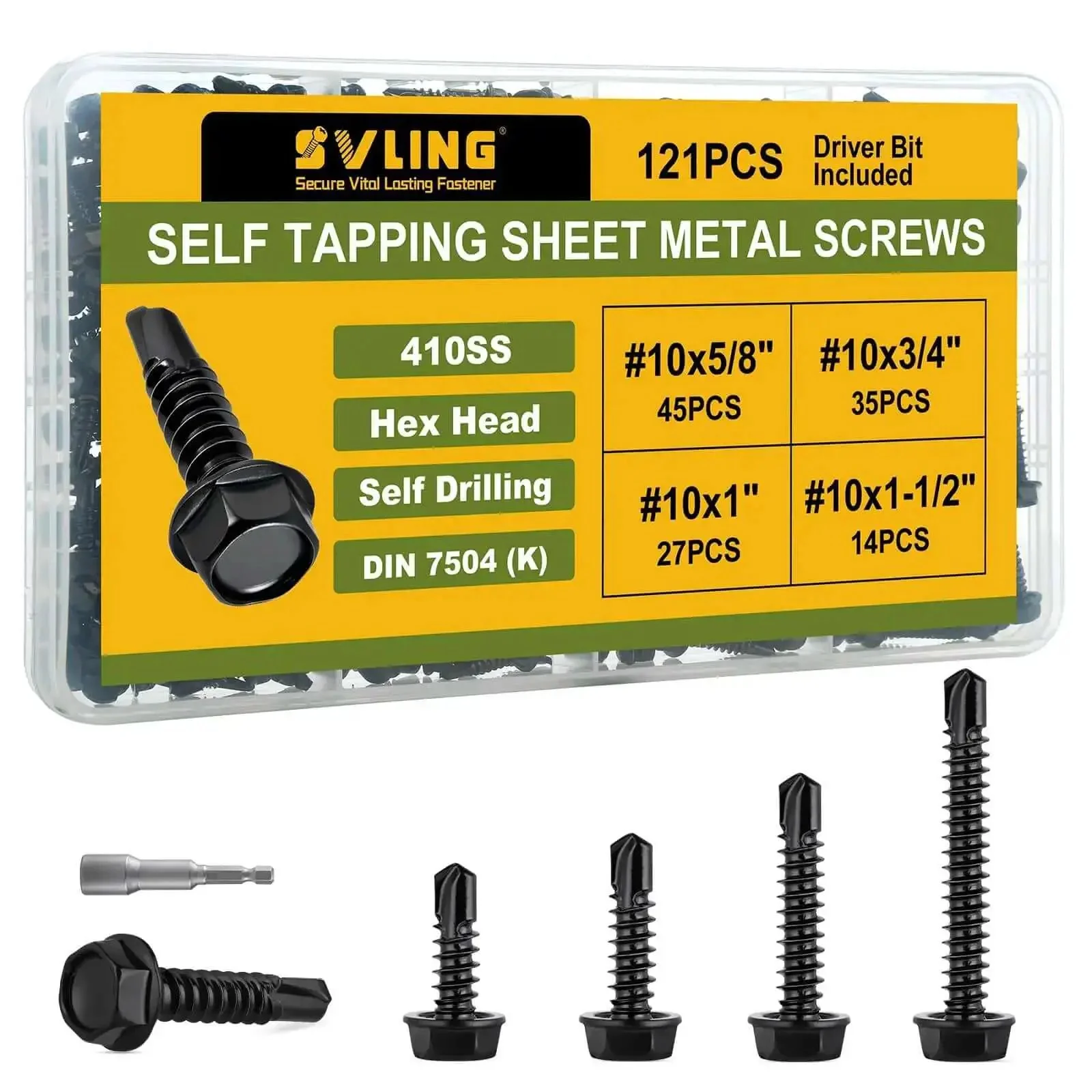 Black Zinc Stainless Self Tapping Screws Set, 121 Piece, 410 Stainless, Self Drilling For Metal, Hex Washer Head, Black Finish, Five Eighths Inch To One And A Half Inch, Heavy Duty Pro Grade, Rust Resistant Kit For Sheet Metal Projects