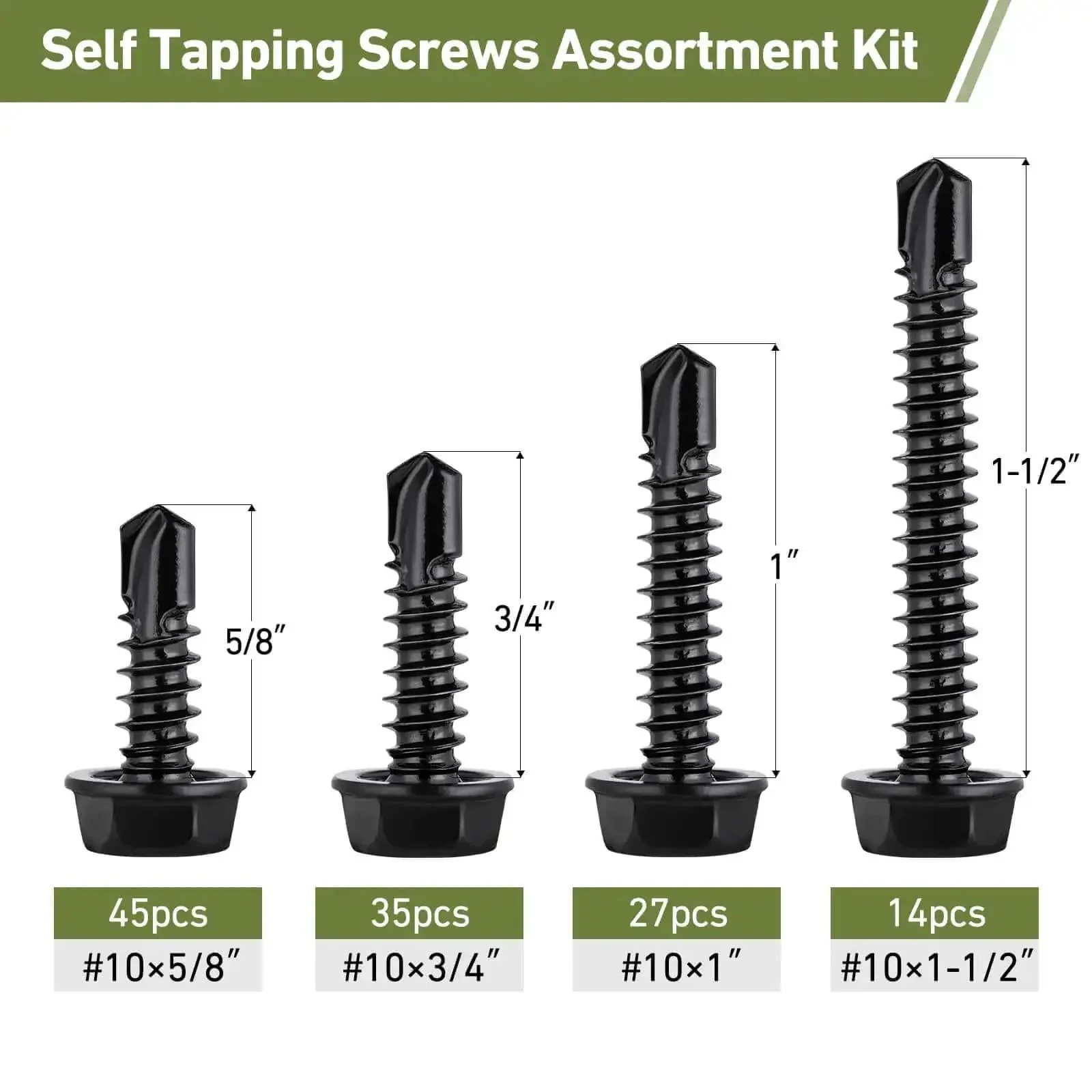Black Zinc Stainless Self Tapping Screws Set, 121 Piece, 410 Stainless, Self Drilling For Metal, Hex Washer Head, Black Finish, Five Eighths Inch To One And A Half Inch, Heavy Duty Pro Grade, Rust Resistant Kit For Sheet Metal Projects - Image 4