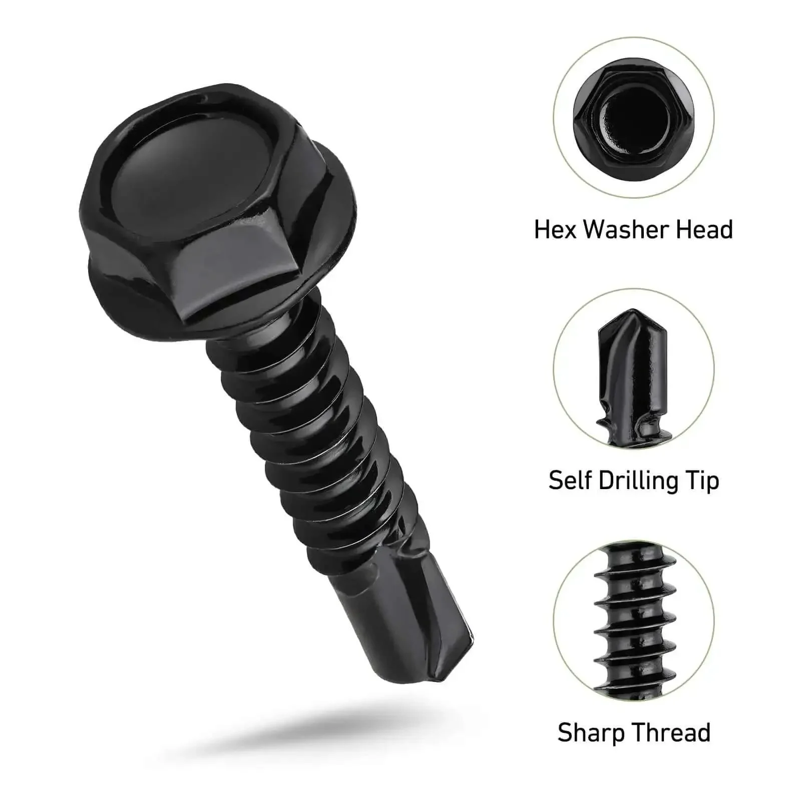 Black Zinc Stainless Self Tapping Screws Set, 121 Piece, 410 Stainless, Self Drilling For Metal, Hex Washer Head, Black Finish, Five Eighths Inch To One And A Half Inch, Heavy Duty Pro Grade, Rust Resistant Kit For Sheet Metal Projects - Image 6
