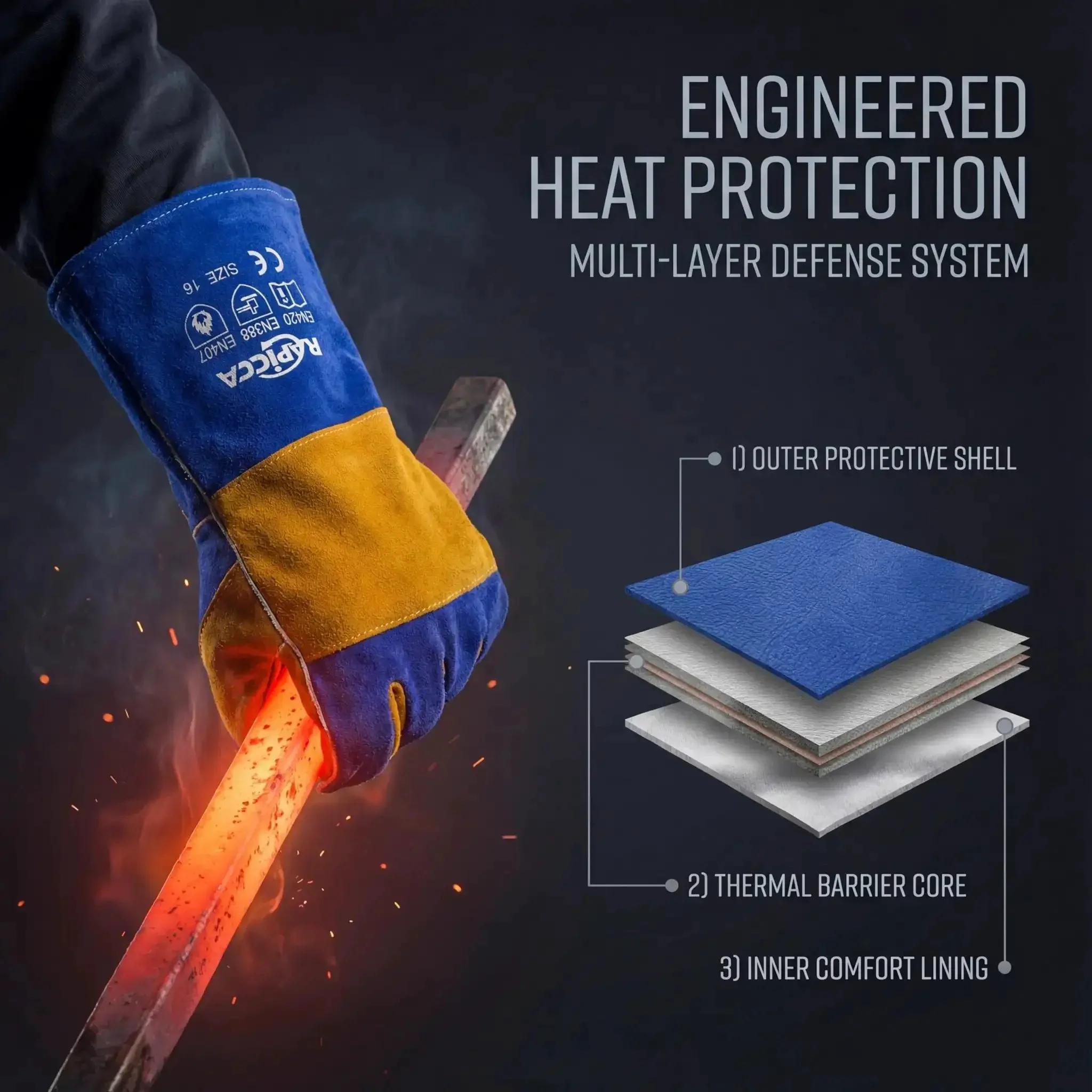 Blue 16 Inch Welding Gloves Fire Resistant Leather With Double Layer Padding For Stick Welders MIG Flux Core Forge Blacksmith Fireplace Wood Stove Fire Pit Grill Oven Furnace Handling Heavy Duty Materials - Image 6