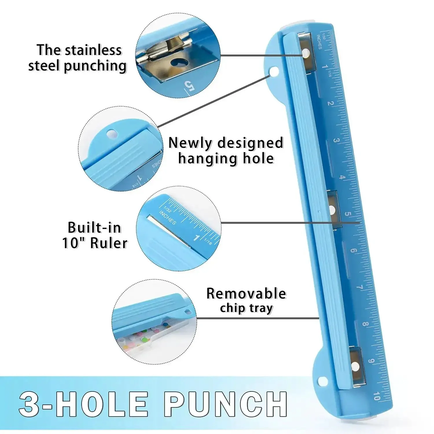Blue 3 Ring Hole Puncher For Binders, Portable Metal Paper Punch, Handles Up To Five Sheets, Built In 10 Inch Ruler For Perfect Alignment, Detachable Waste Tray, Durable Stainless Steel And Plastic Construction, Easy Clean Up - Image 6