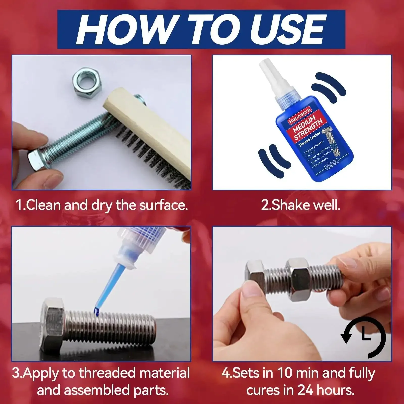 Blue And Red Thread Locker Kit For Nuts And Bolts Removable And Permanent Adhesive To Prevent Loosening From Vibration And Lock It Down Seals Tight And Prevents Leaks On Metal Fasteners Includes Medium 50 Ml Bottles Two And High Strength 50 Ml Bottle - Image 3