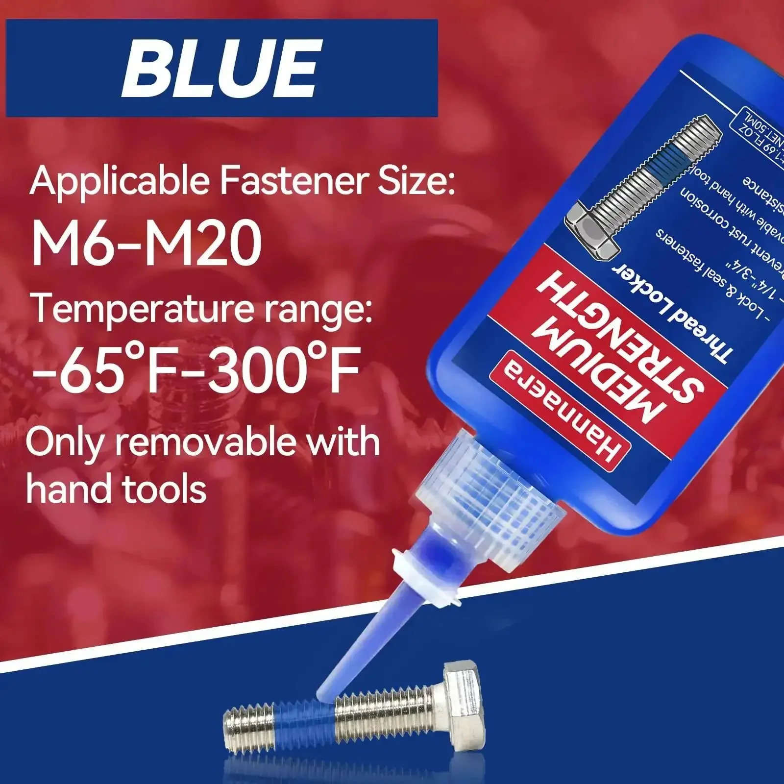 Blue And Red Thread Locker Kit For Nuts And Bolts Removable And Permanent Adhesive To Prevent Loosening From Vibration And Lock It Down Seals Tight And Prevents Leaks On Metal Fasteners Includes Medium 50 Ml Bottles Two And High Strength 50 Ml Bottle - Image 4