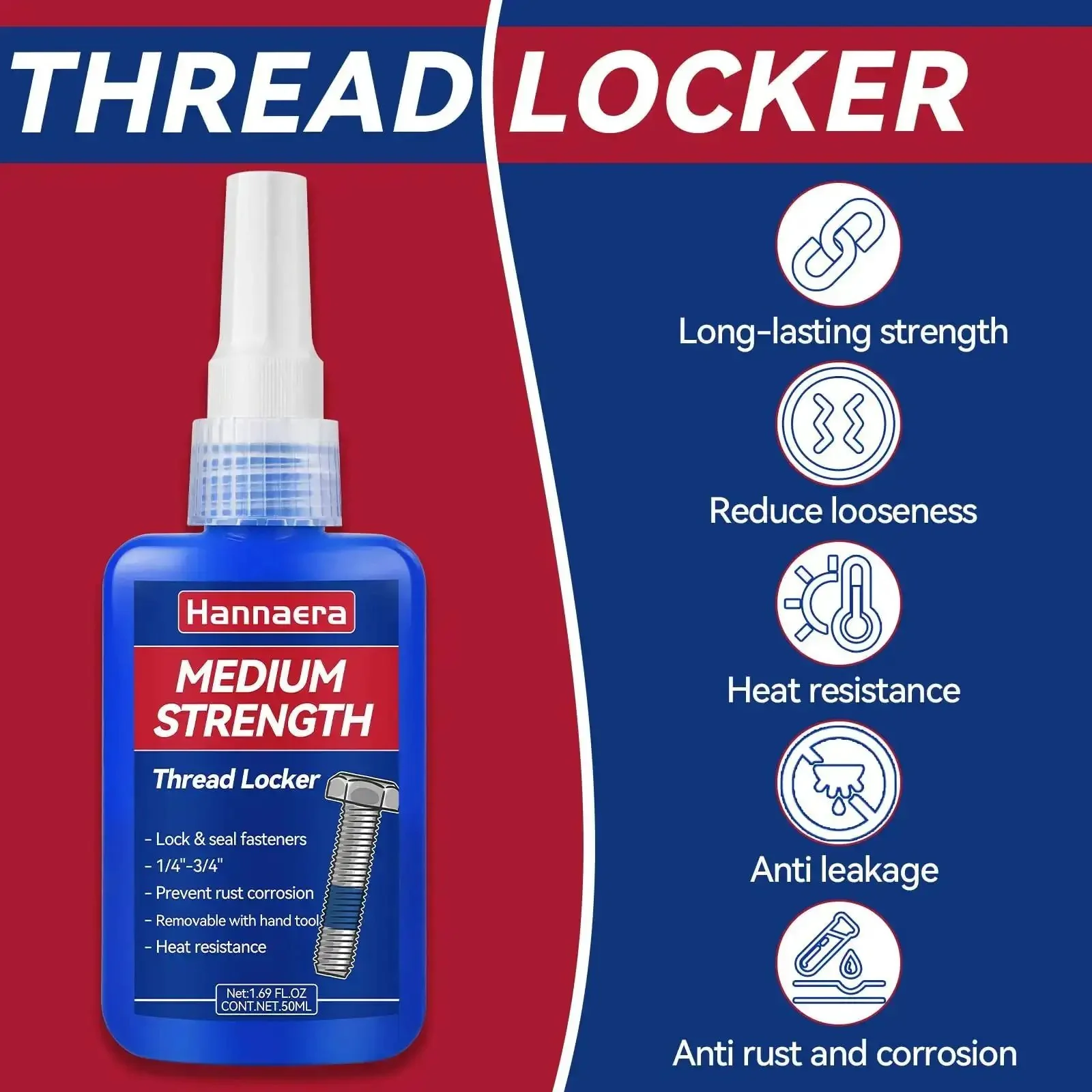 Blue And Red Thread Locker Kit For Nuts And Bolts Removable And Permanent Adhesive To Prevent Loosening From Vibration And Lock It Down Seals Tight And Prevents Leaks On Metal Fasteners Includes Medium 50 Ml Bottles Two And High Strength 50 Ml Bottle - Image 5