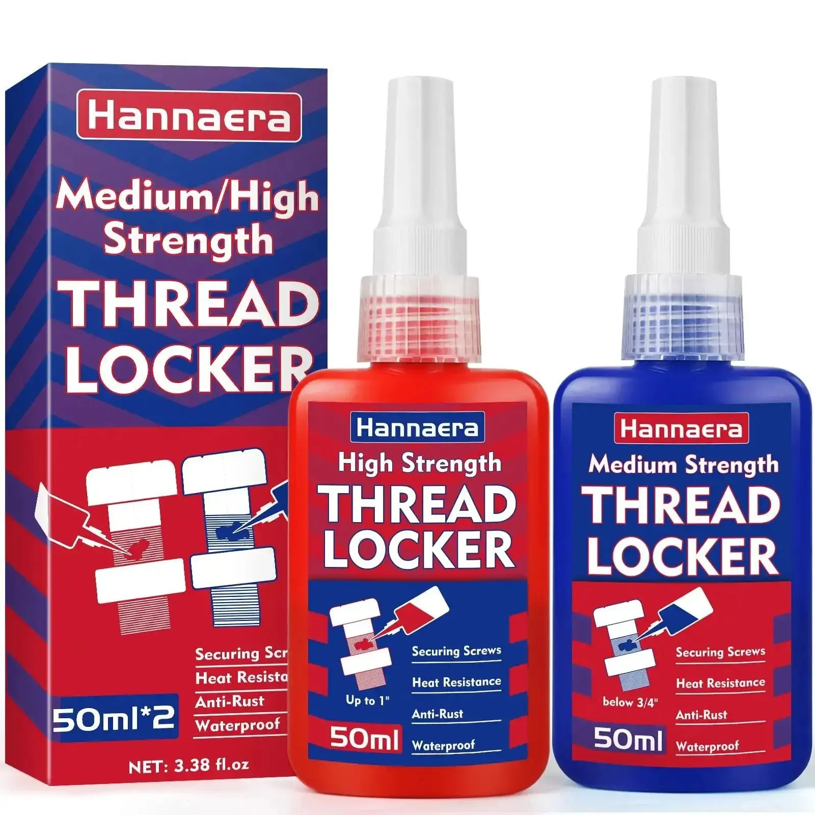 Blue And Red Thread Locker Kit For Nuts Bolts And Metal Fasteners, Medium And High Strength, Prevents Loosening From Vibration, Seals Against Leaks, No More Wobble, 50 Ml Each, 2 Pack