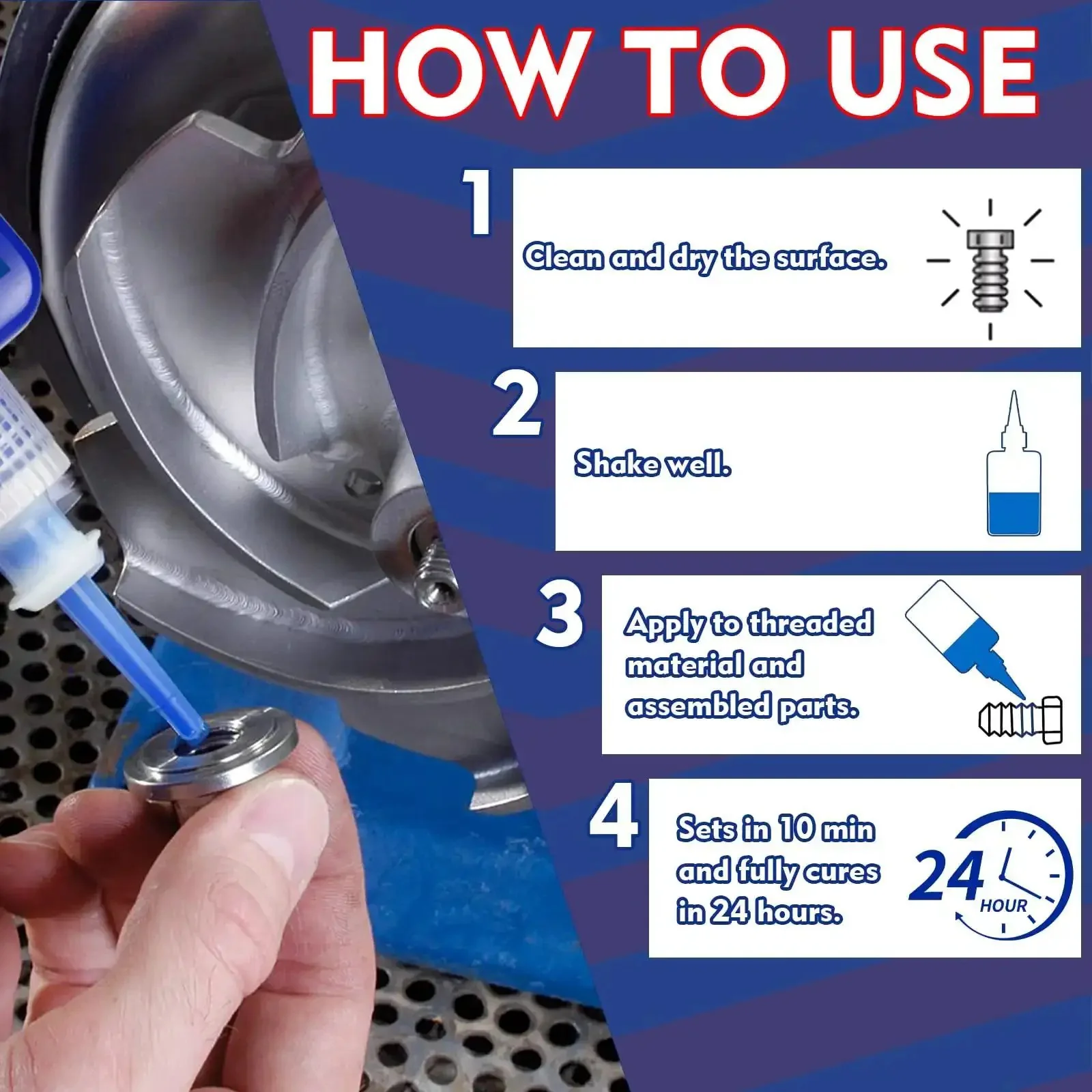 Blue And Red Thread Locker Kit For Nuts Bolts And Metal Fasteners, Medium And High Strength, Prevents Loosening From Vibration, Seals Against Leaks, No More Wobble, 50 Ml Each, 2 Pack - Image 4
