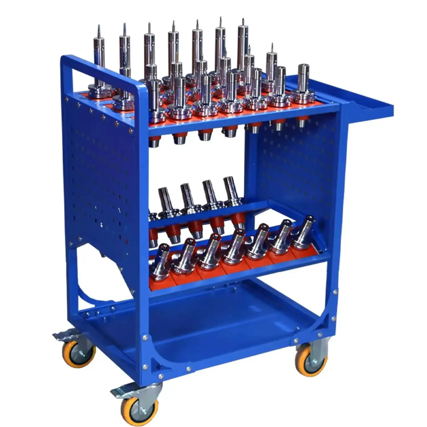 Blue Classic Mobile CNC Tool Storage Cart With Wheels For CAT40 CNC Tool Holders And Machining Centers Heavy Duty Tool Service Cart For Warehouses And Shops Rust Resistant Electrostatic Coated Finish
