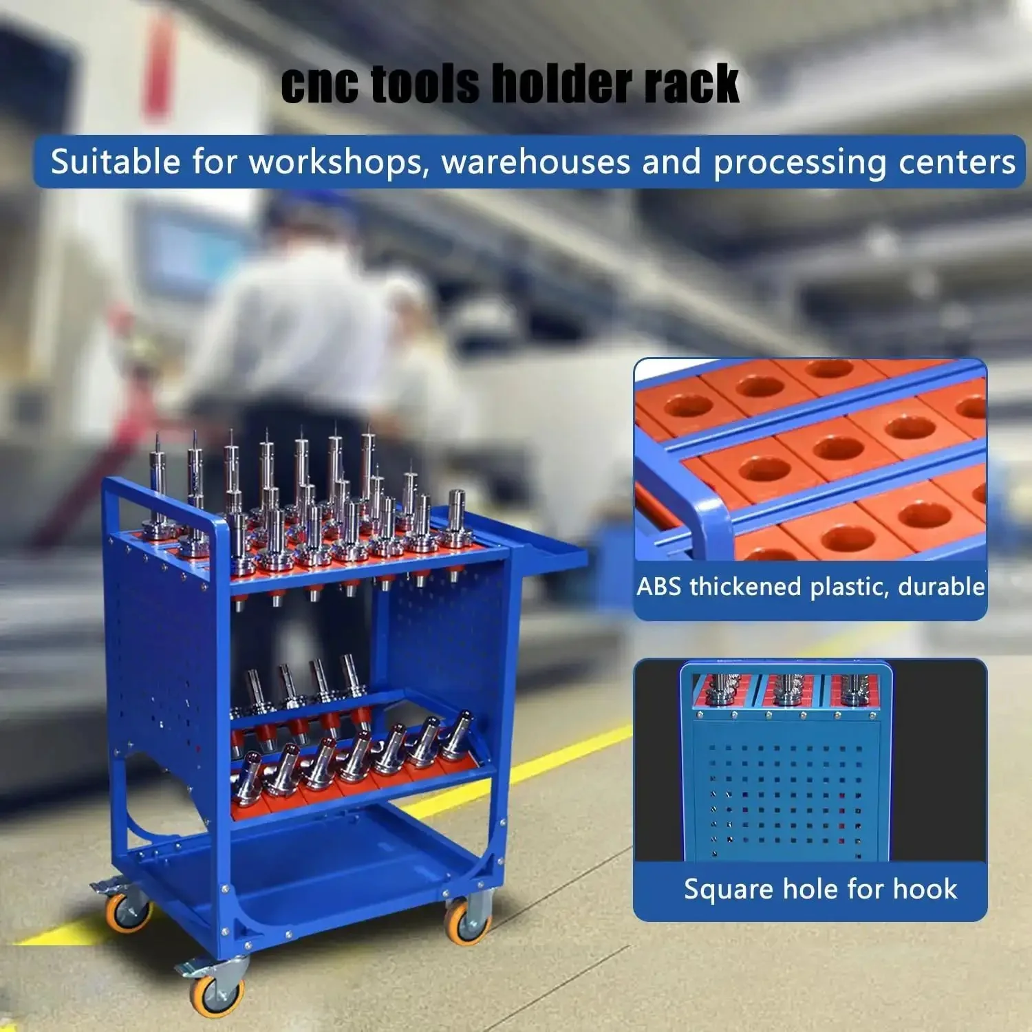 Blue Classic Mobile CNC Tool Storage Cart With Wheels For CAT40 CNC Tool Holders And Machining Centers Heavy Duty Tool Service Cart For Warehouses And Shops Rust Resistant Electrostatic Coated Finish - Image 5