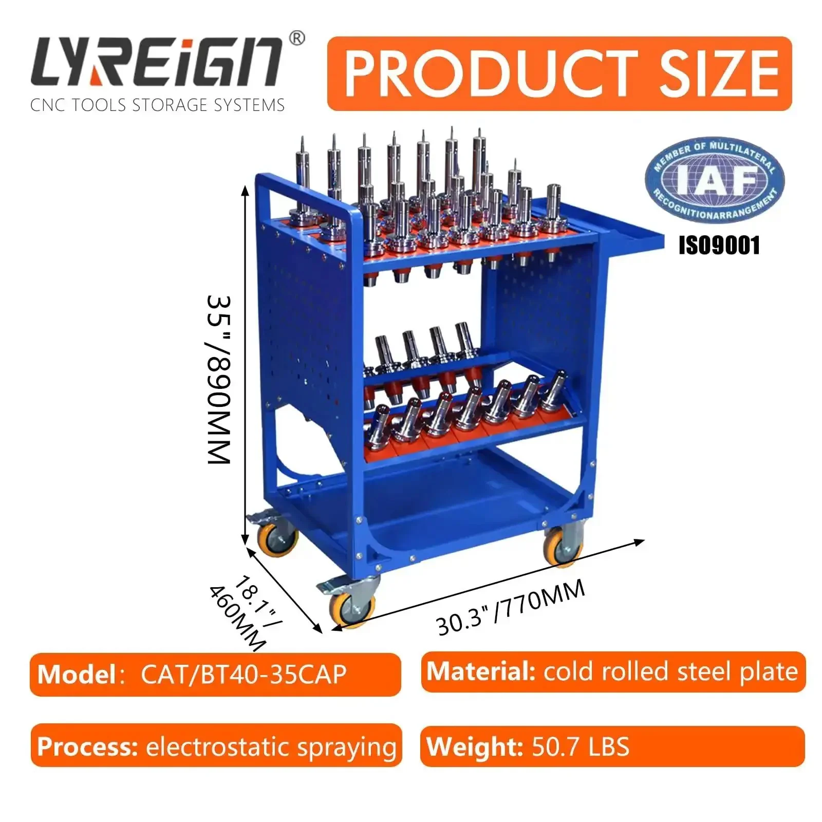 Blue Classic Mobile CNC Tool Storage Cart With Wheels For CAT40 CNC Tool Holders And Machining Centers Heavy Duty Tool Service Cart For Warehouses And Shops Rust Resistant Electrostatic Coated Finish - Image 9