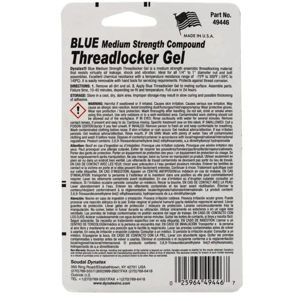 Blue Gel Threadlocker Medium Strength For Metal Fasteners Removable With Hand Tools 1.20 Oz Bottle Keeps Bolts And Screws Locked Tight No Sweat Through Vibration And Solvent Exposure - Image 9