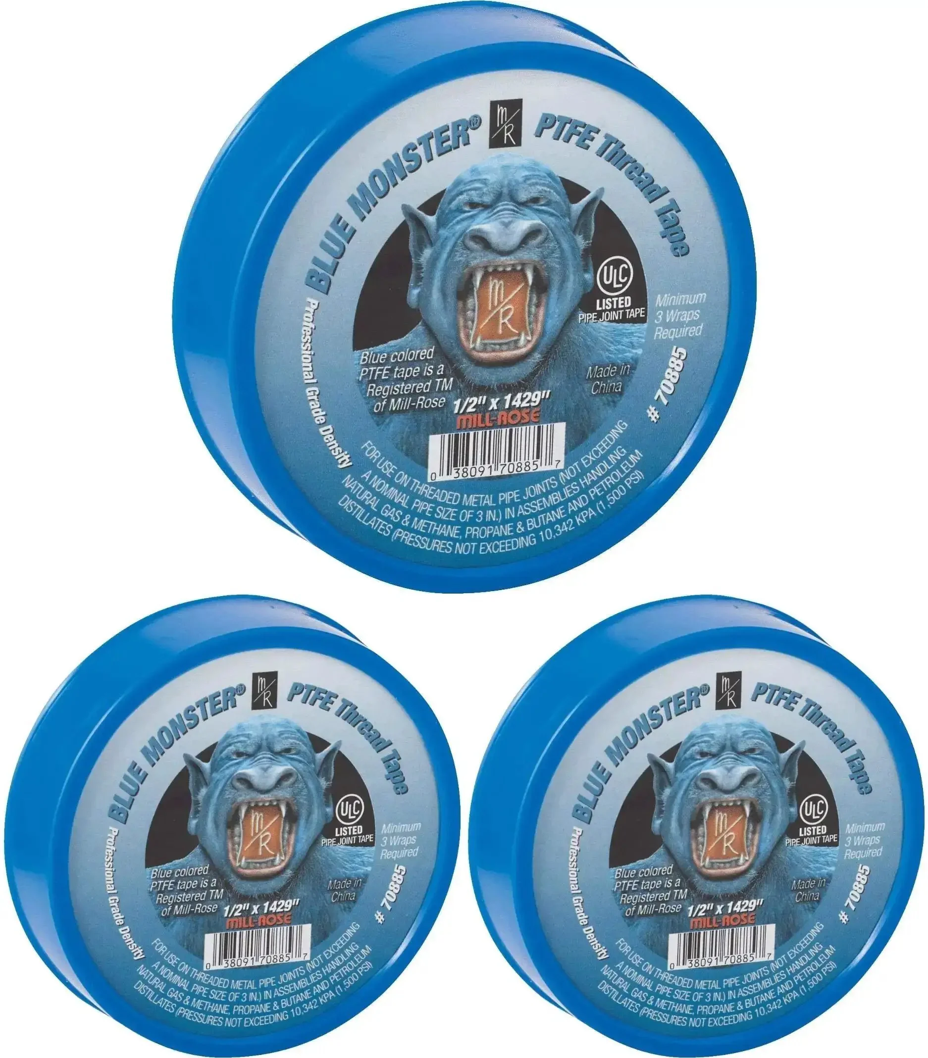 Blue Monster PTFE Pipe Thread Sealant Tape Half Inch Wide by 1429 Inches Long, 3 Rolls Seals Pipe Threads On Iron, Brass, Copper, PVC And More No Curing Time Broad Gas And Liquid Compatibility
