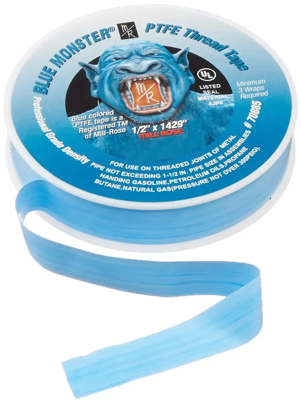 Blue Monster PTFE Pipe Thread Sealant Tape One Half Inch By 1429 Inches For All Purpose Thread Sealing With No Curing Time Compatible With Iron Brass Copper Aluminum Stainless Steel PVC CPVC ABS And More