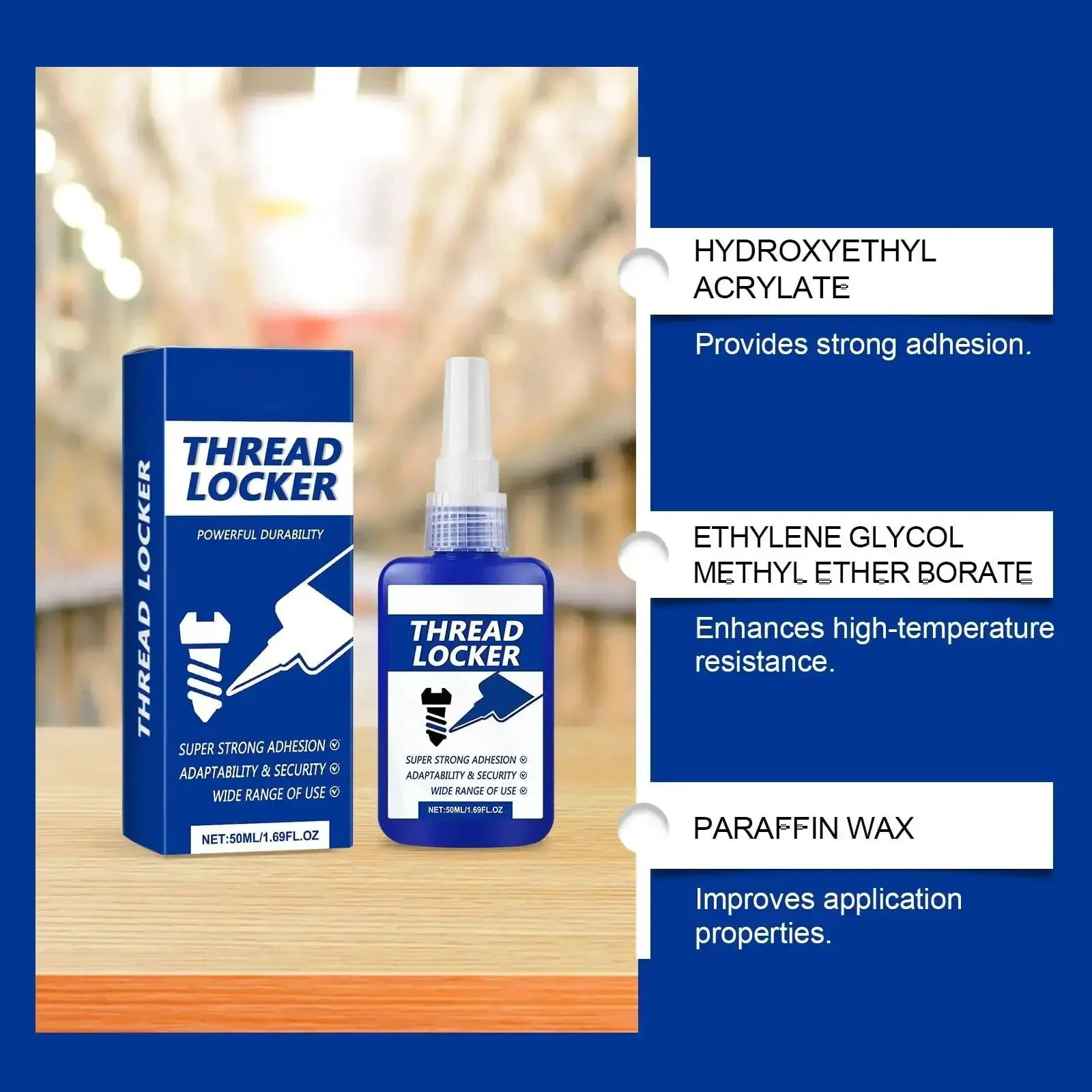 Blue Thread Locker For Nuts And Bolts, Medium To High Strength, Keeps Fasteners Tight, Prevents Loosening From Vibration And Shock, Resists Humidity And Extreme Temps, Helps Stop Leakage And Retains Service Life - Image 6