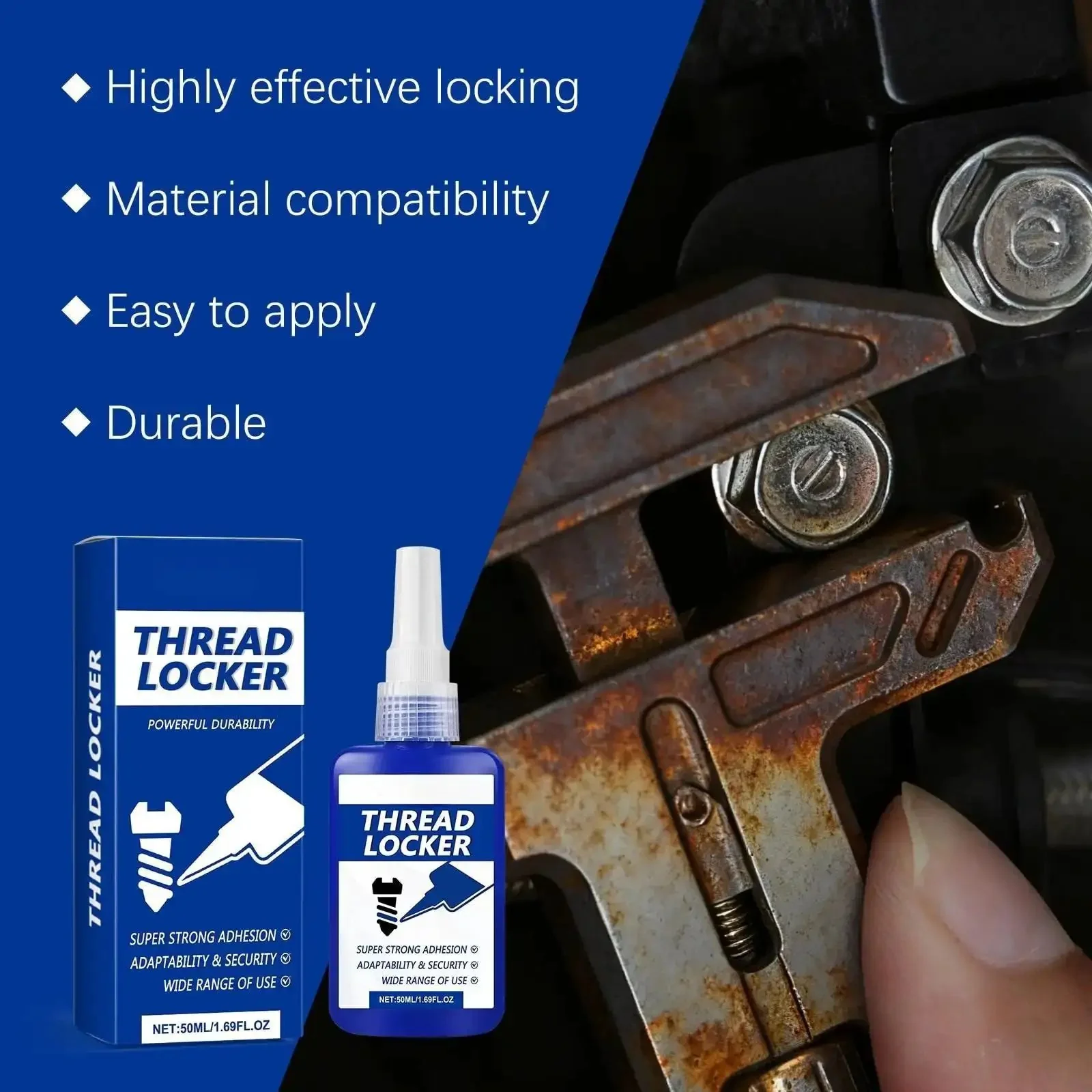 Blue Thread Locker For Nuts And Bolts, Medium To High Strength, Keeps Fasteners Tight, Prevents Loosening From Vibration And Shock, Resists Humidity And Extreme Temps, Helps Stop Leakage And Retains Service Life - Image 8