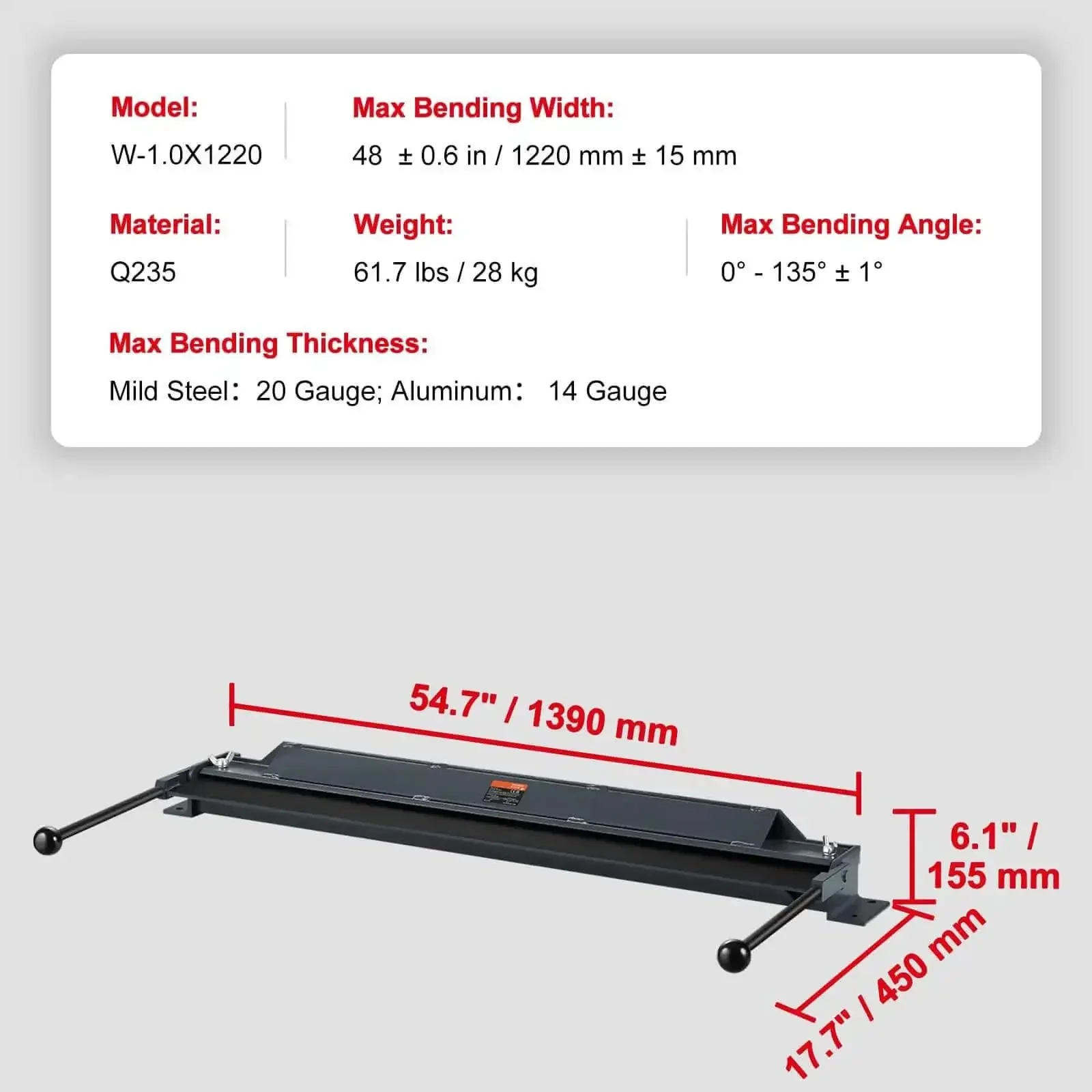 Box And Pan Brake 48 Inch Sheet Metal Bender For 0 To 130 Degree Bends Portable Mini Metal Brake For 20 Gauge Steel And 14 Gauge Aluminum Beefy Heavy Duty Power Handle Ideal For Home Shop Studio And Workshop For Metal Bending - Image 4