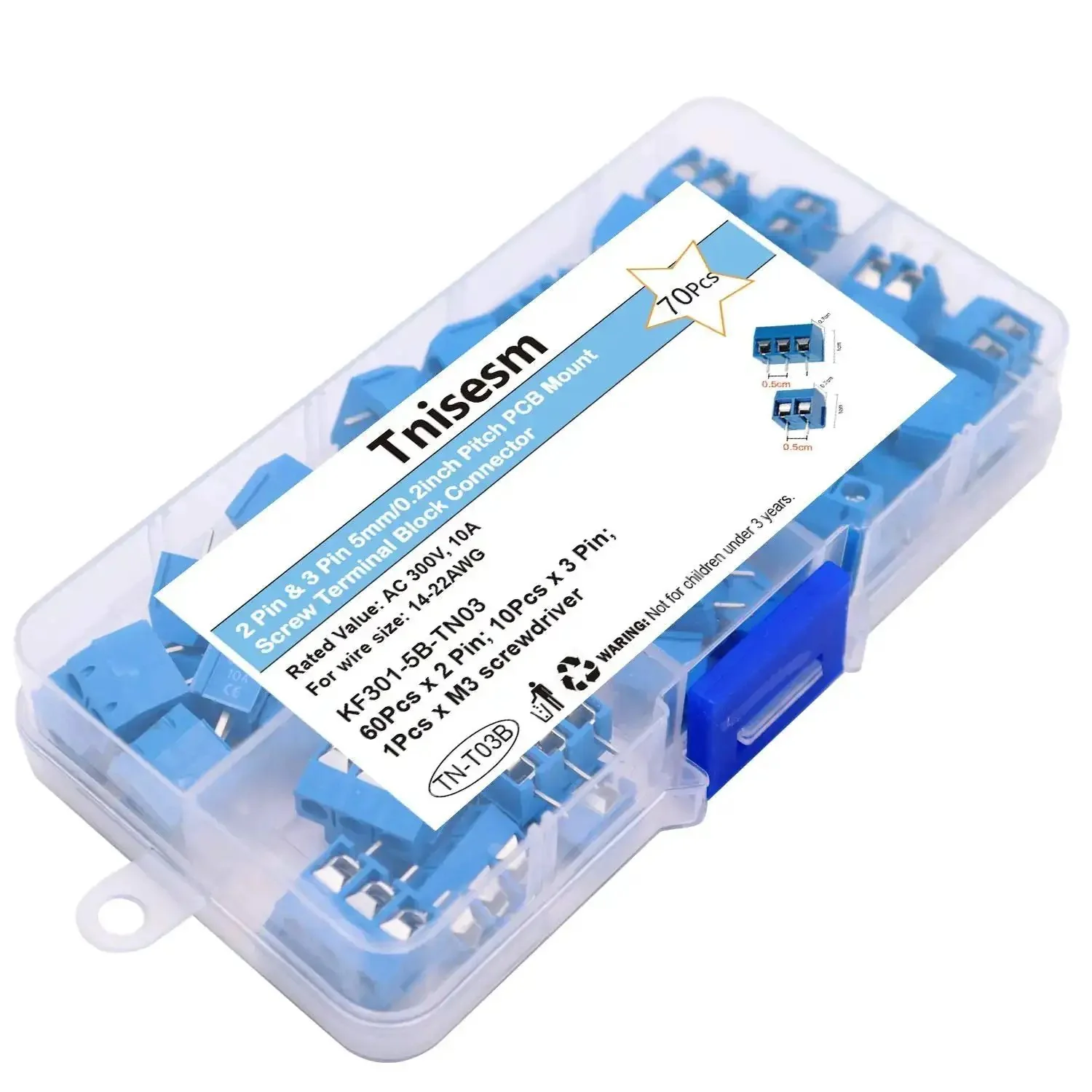 Boxed 2 Pin And 3 Pin 5mm Pitch PCB Mount Screw Terminal Block Connectors Blue For 14 To 22 AWG Wire Rated 300V 10A Easy Splice With Phillips Screwdriver For Quick Mounting - Image 3