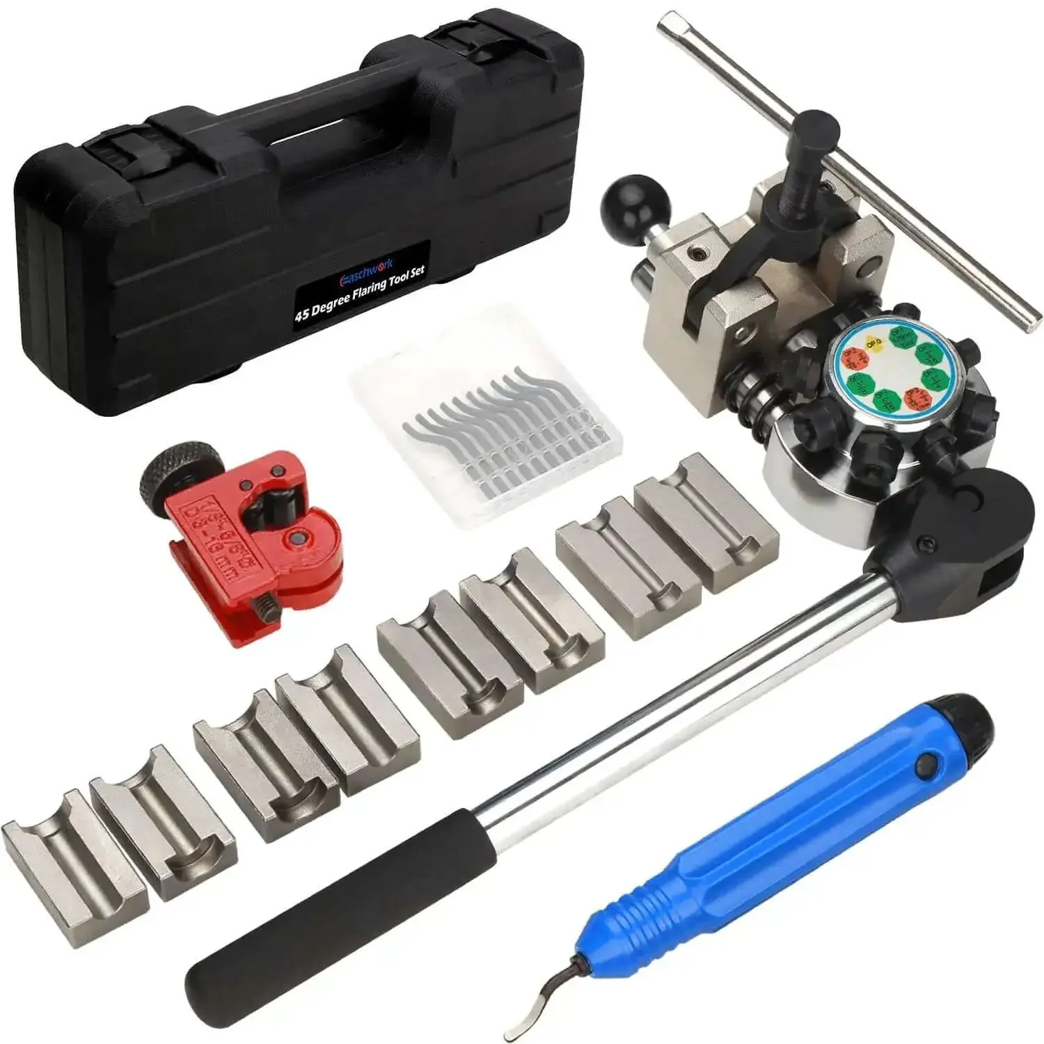 Brake Line Flaring Tool Kit 45 Degree Bubble And Double Flare Set For Three Sixteenths One Quarter Five Sixteenths And Three Eighths Inch Tubes Leak Proof Flares For Copper Aluminum And Soft Metals Ideal For Fuel Brake And Transmission Lines