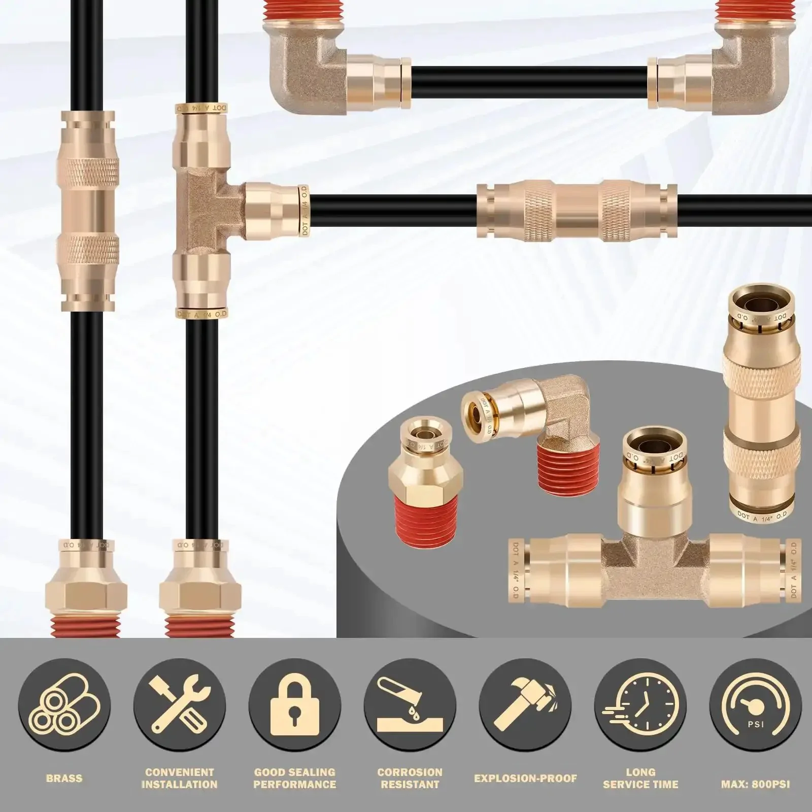 Brass DOT Air Fittings Kit With Fifty Feet One Quarter Inch Air Line, Twelve Pieces One Quarter Inch Fittings, Pneumatic Tubing, Tee And Straight Connectors, Elbows, NPT Threads, Cutter, Teflon Tape For Semi Trucks, Trailers And Industrial Air Systems - Image 3