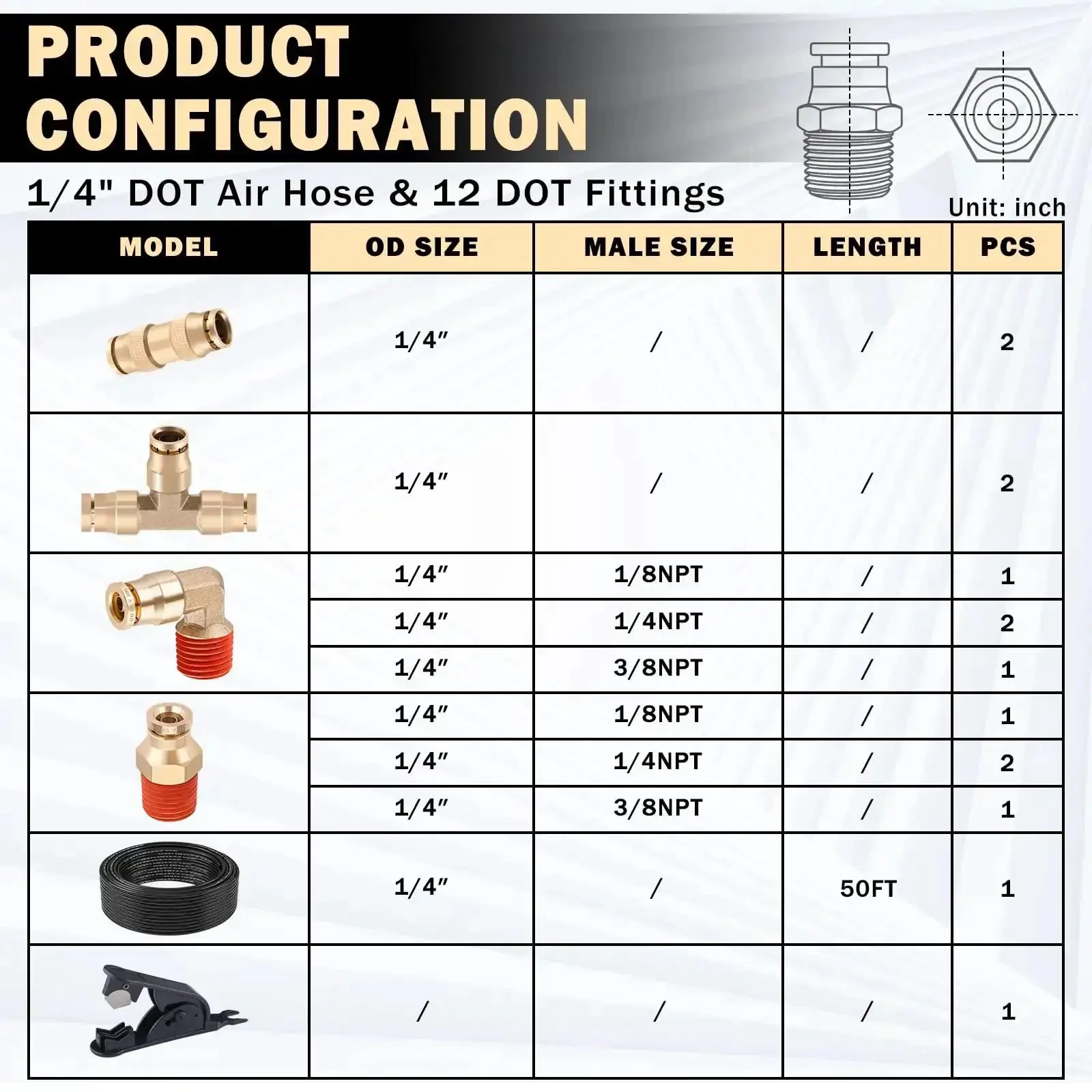 Brass DOT Air Fittings Kit With Fifty Feet One Quarter Inch Air Line, Twelve Pieces One Quarter Inch Fittings, Pneumatic Tubing, Tee And Straight Connectors, Elbows, NPT Threads, Cutter, Teflon Tape For Semi Trucks, Trailers And Industrial Air Systems - Image 7