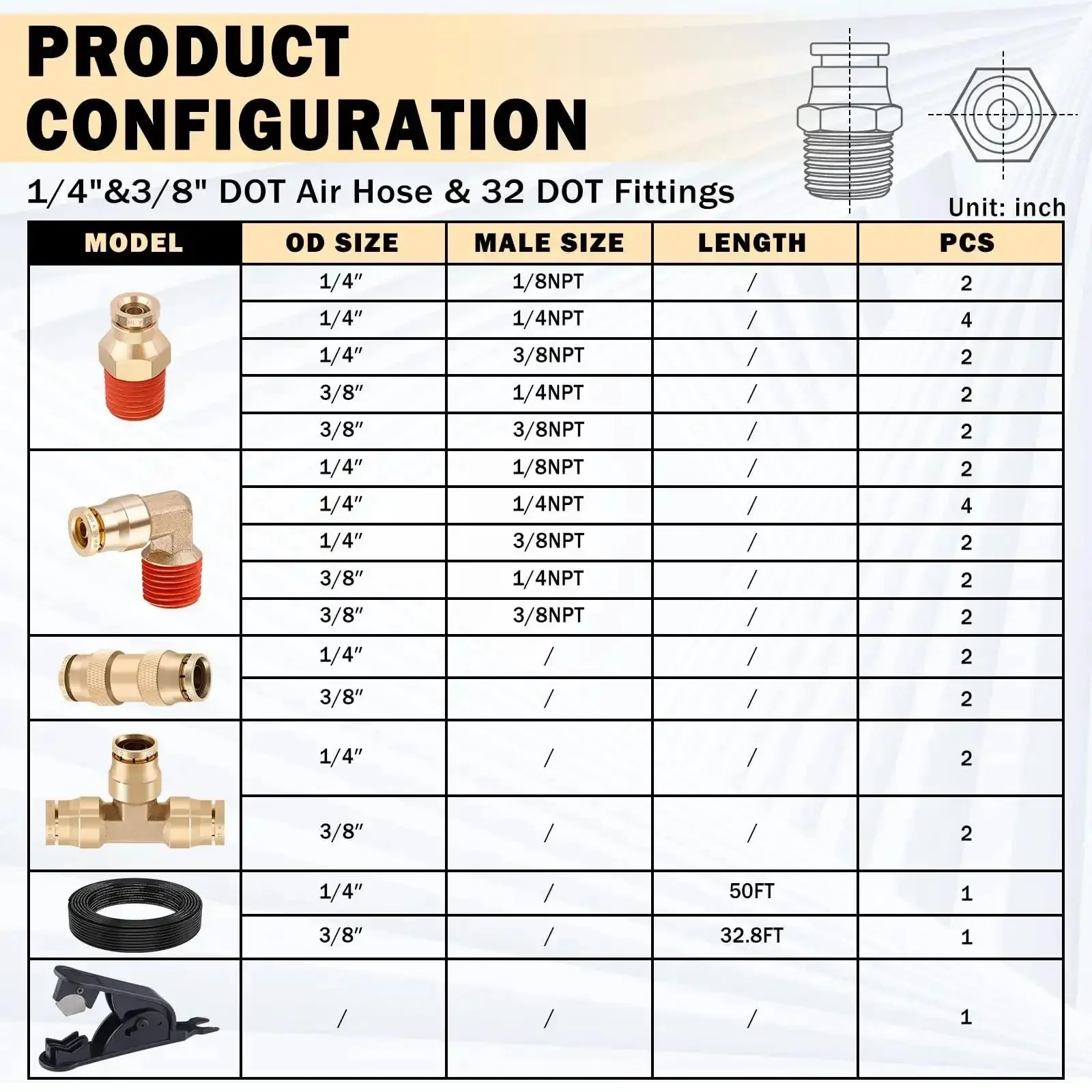 Brass DOT Air Line Fittings Kit With Fifty Feet Of One Quarter Inch And Thirty Two Point Eight Feet Of Three Eighth Inch Air Lines For Semi Trucks And Industrial Air Systems Pro Grade NPT Threads Quick Connect Fittings Tee Elbows Push And Union - Image 7