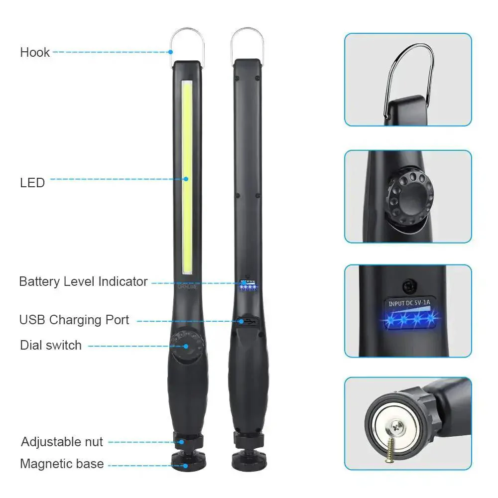Bright 800 Lumen LED Work Light With Magnetic Base Rechargeable 3300mAh Battery COB Floodlight Hands Free Portable Inspection Light For Car Repair Garage And Emergency Use USB Cable Included Two Pack - Image 7
