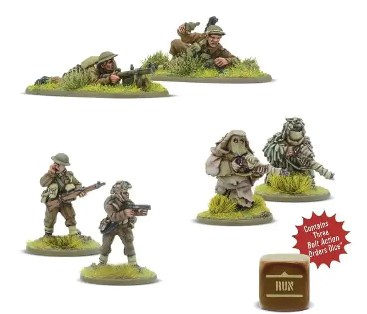 British Army World War II 28mm Bolt Action Weapons Teams Miniatures Set With Three Order Dice Includes Flamethrower Team PIAT Team And Sniper Team In Ghillie Suits For Killer Tabletop Wargaming - Image 4