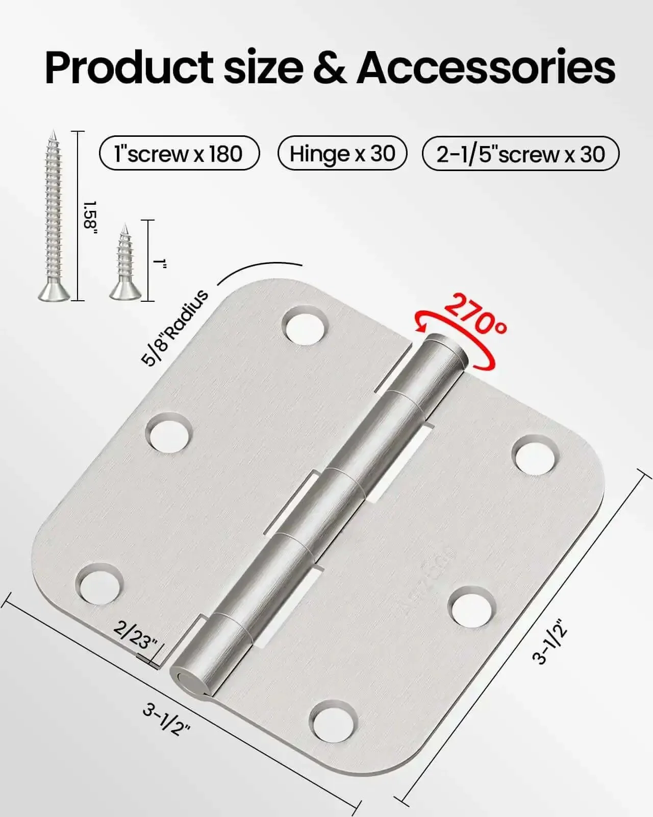 Brushed Nickel Hinges Set 30 Pack Three And A Half Inch Rounded With Five Eighth Radius For Interior And Exterior Doors Beefy And Durable Residential Door Hardware Six Hole Design For Easy Replacements In Wood Or Metal Doors - Image 7