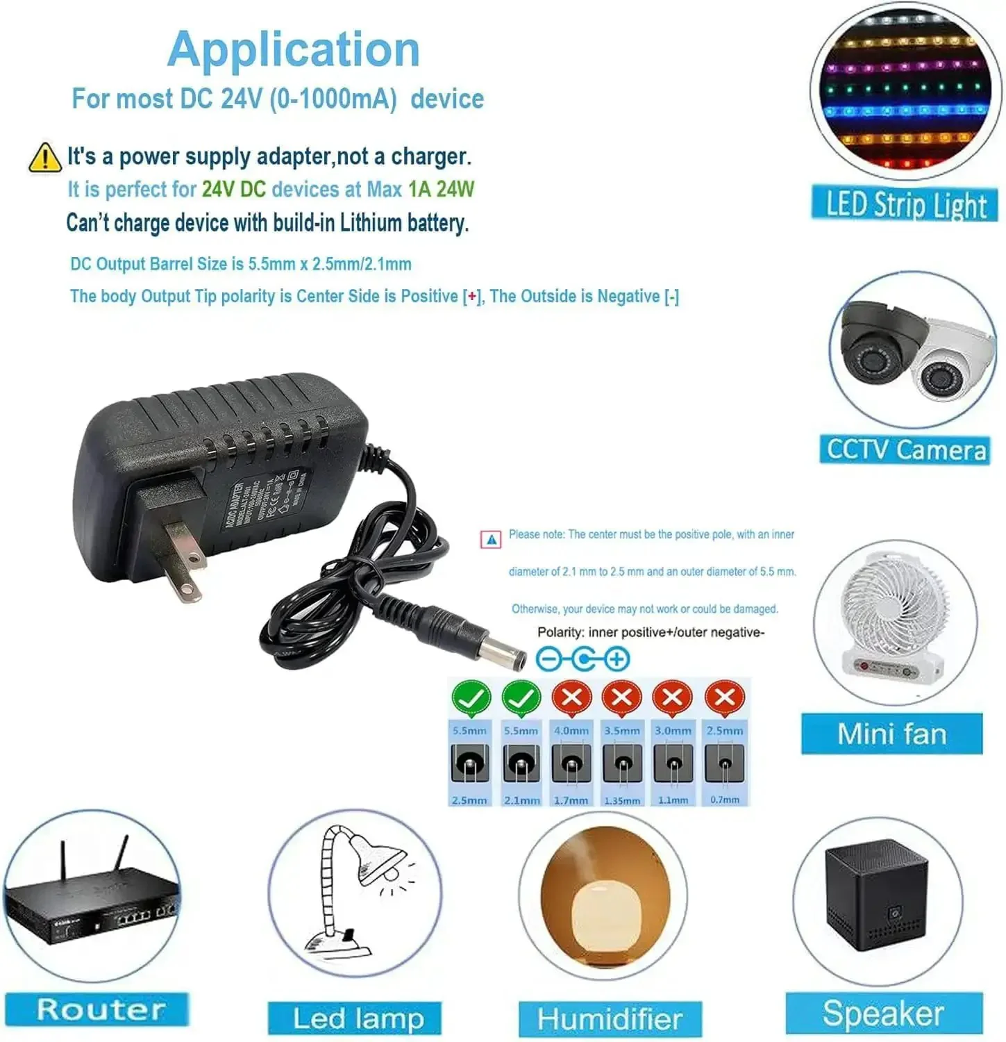 Budget Friendly 24V DC 1A Power Supply Adapter For LED Strips And CCTV Cameras, 100-240V AC Input To 24V DC 24W, 5.5mm X 2.5mm Plug, Switching Mode Transformer, Safe And Efficient For Routers DVRs And Security Lights - Image 3