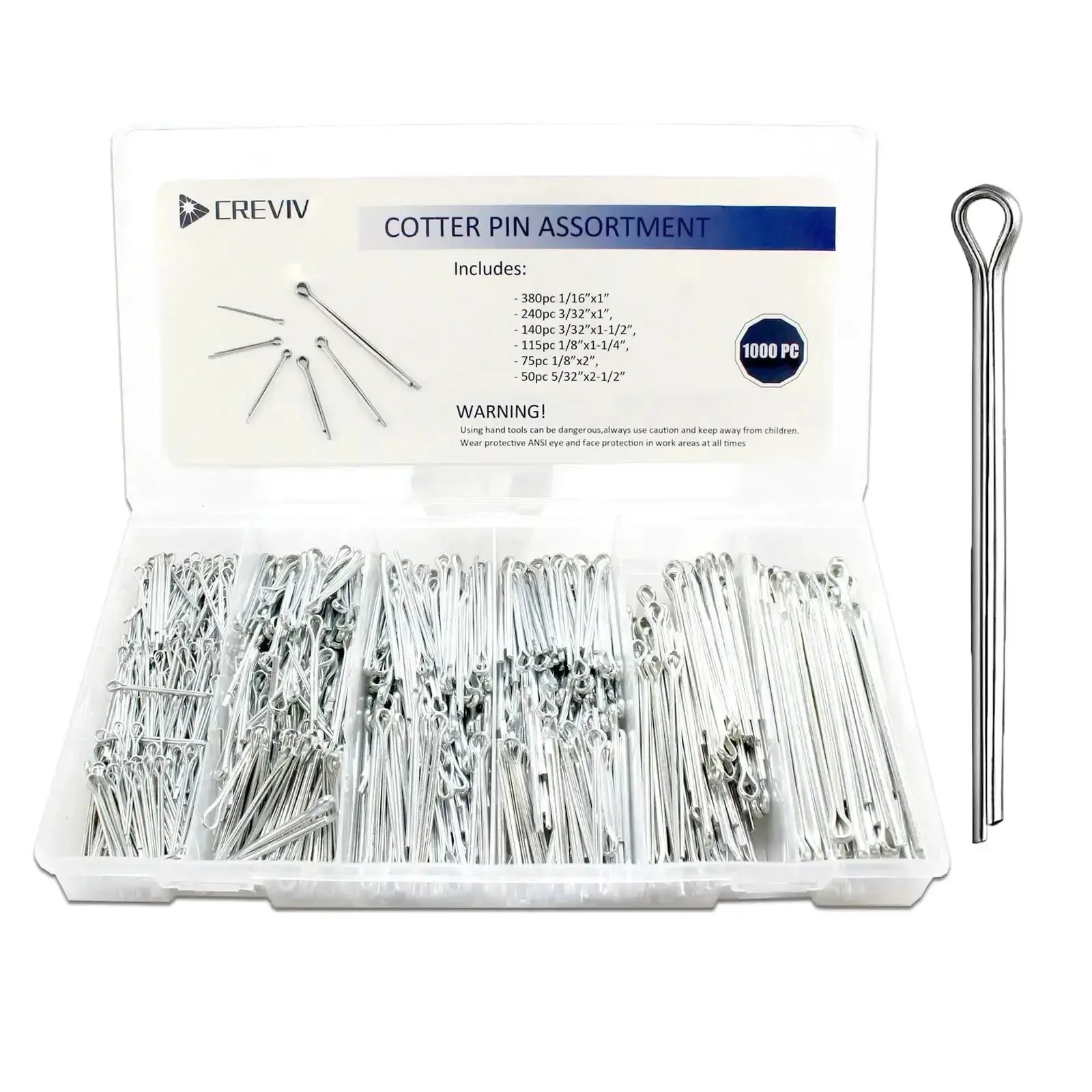 Built Tough Cotter Pin Assortment Kit With Case 1000 Piece Set Including Six Sizes From 1/16 To 5/32 Inch Durable Carbon Steel Split Pins Corrosion Resistant For Tractors Trailers Marine And Industrial Machinery