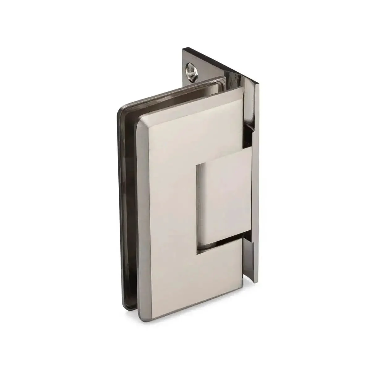 Built Tough Heavy Duty Adjustable 90 Degree Wall Glass Hinge With Offset Backplate Brushed Nickel Self Closing For Glass Doors Three Eighths Inch Or One Half Inch Thick Up To Thirty Six Inches Wide And One Hundred Fifty Pounds
