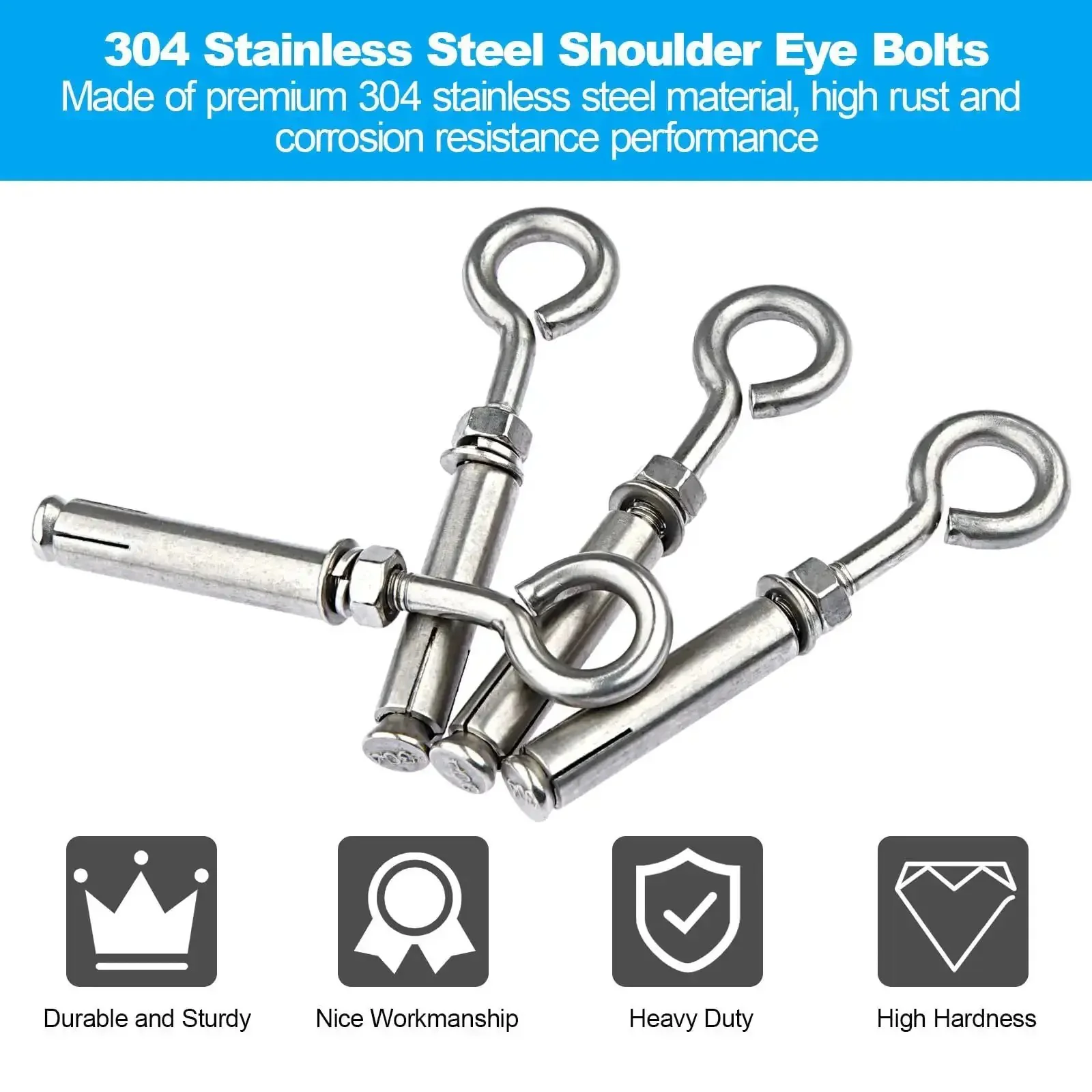 Built Tough Heavy Duty M6 Eyebolts Set In Stainless Steel For Wall, Ceiling And Concrete Anchors Expansion Screws With Nut, Rustproof Eye Bolts For Masonry And Construction Projects, 10 Pack - Image 8