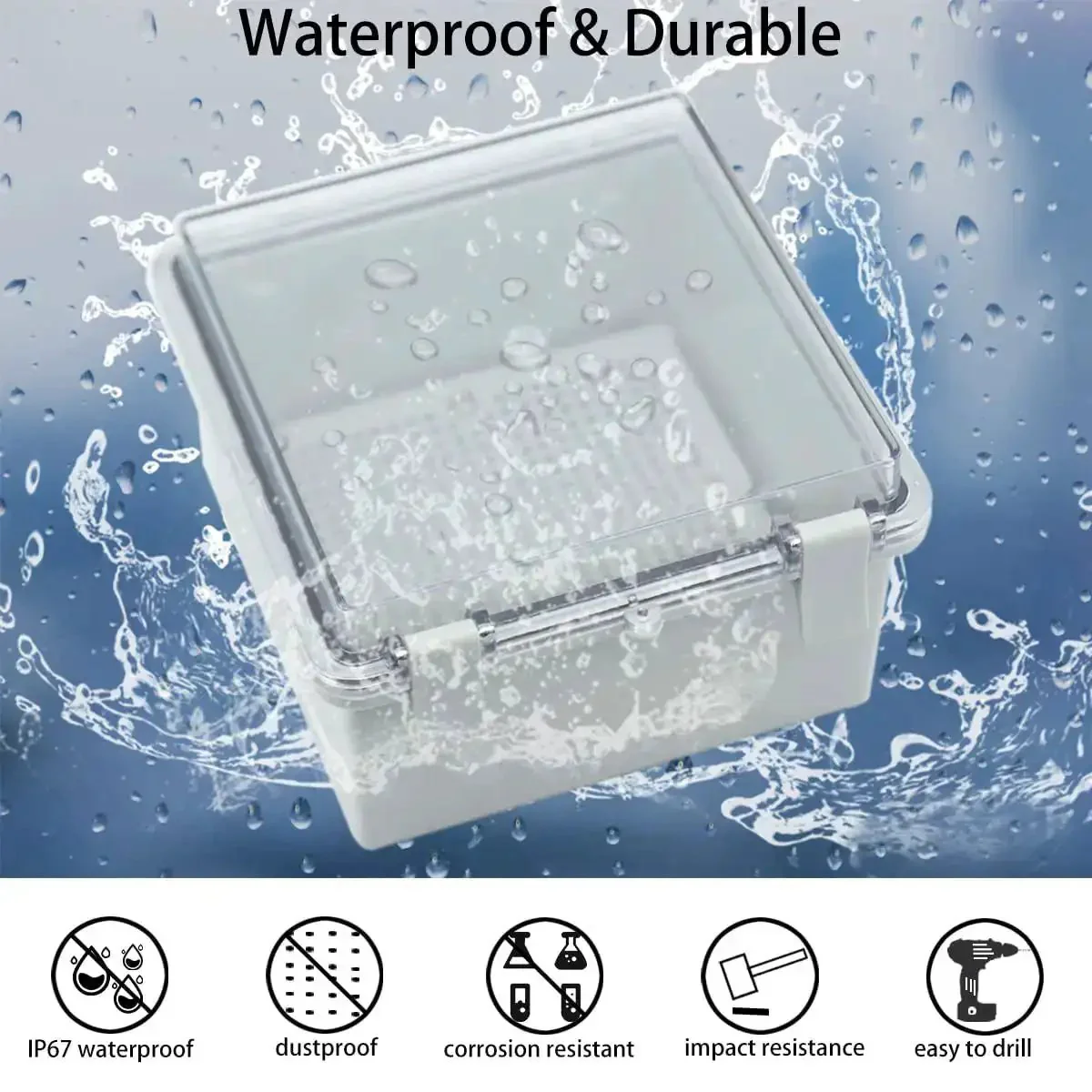 Built Tough IP67 Waterproof ABS Junction Box With Hinged Clear Cover Two NPT Half Inch Cable Glands Electrical Enclosure With Mounting Plate And Wall Bracket Indoor Outdoor Project Box 5.9 x 5.9 x 3.5 Inches - Image 6