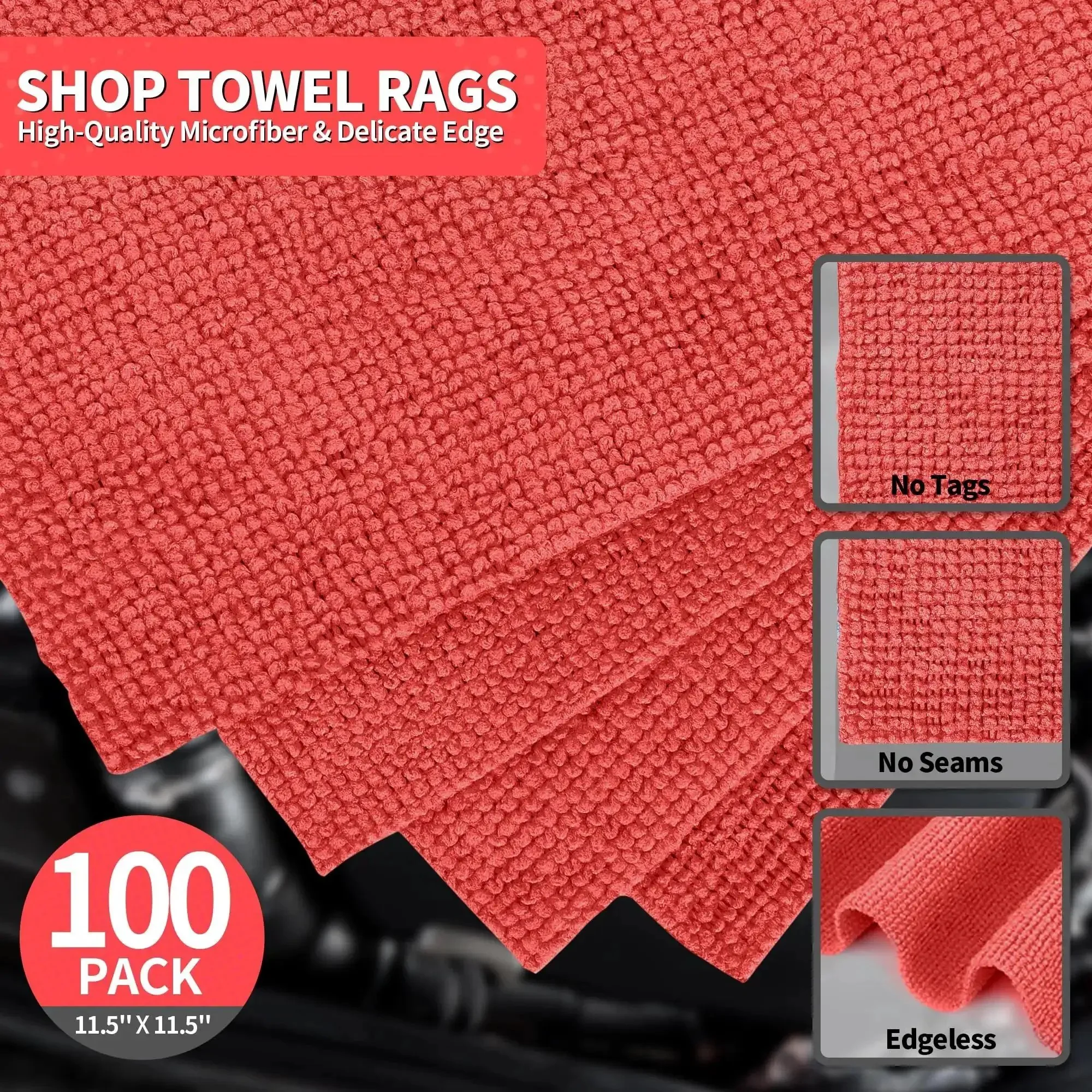 Bulk 100 Pack Microfiber Shop Towels 11.5 By 11.5 Inches Red Lint Free Non Scratch Paint Safe Cleaning Rags For Cars Garage Home And Mechanic Work For Detailing Projects - Image 8
