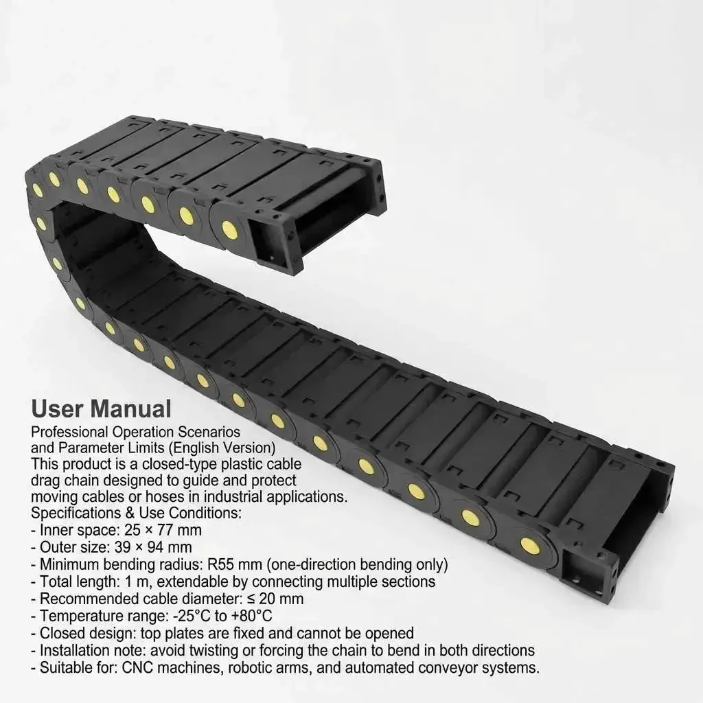 Cable Drag Chain 25x77mm Closed Type R55 For CNC Machines, Robotics And Automation, One Direction Bending Radius 55mm, Protective Cable Carrier That Keeps Debris Out And Cables Secure Across Auto Lines - Image 6