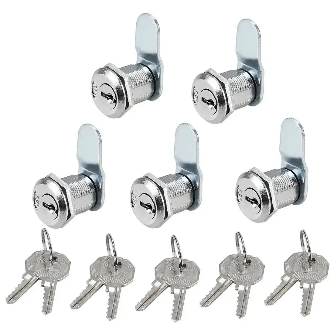 Cam Lock Set For Drawer And Cabinet, 13/16 Inch Cylinder, Fits Up To Half Inch Panel Thickness, Zinc Alloy Chrome Plated, Keyed Alike, 5 Pack, Easy To Install And Durable For Home Or Office Security