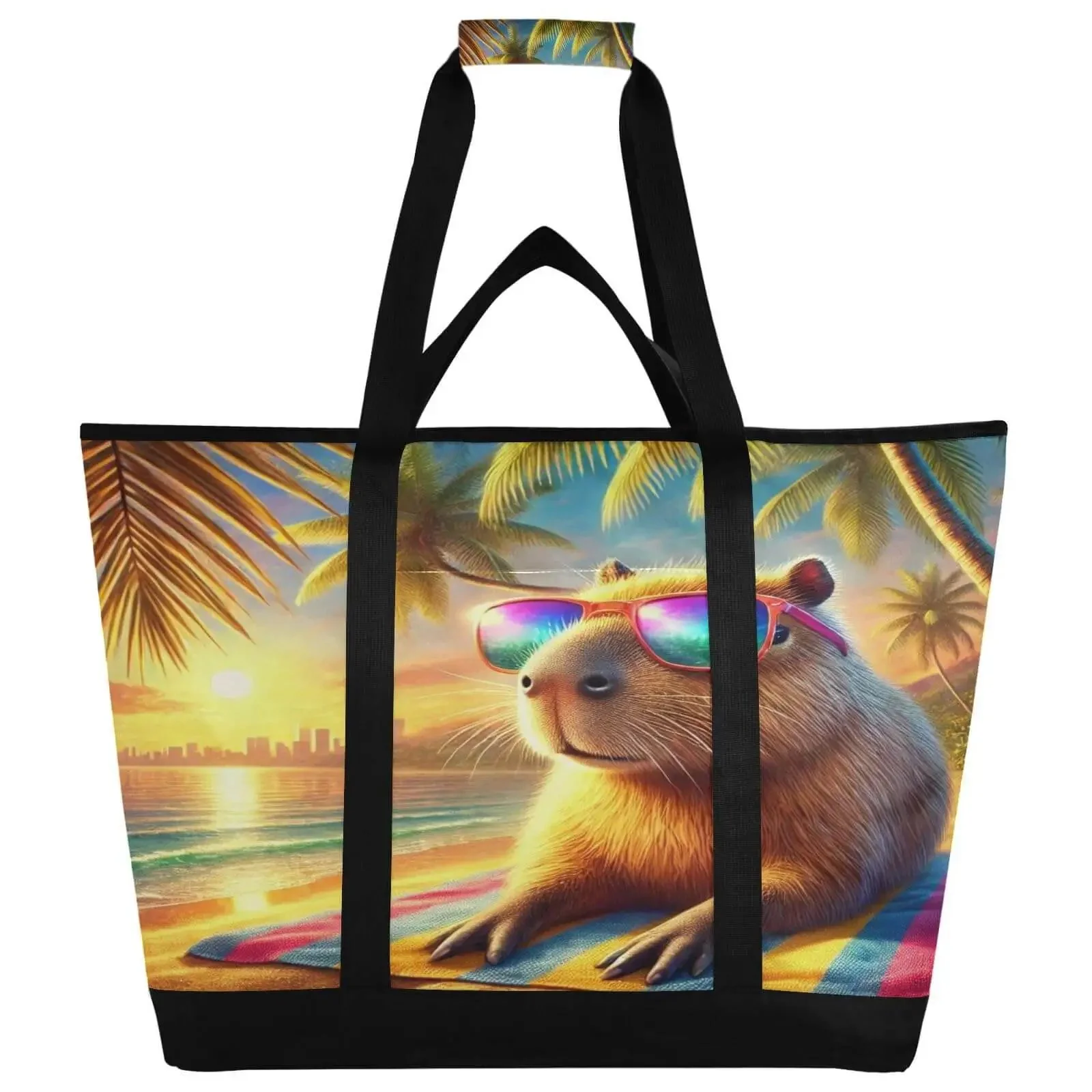 Capybara Beach Tote Bag For Women With Zipper Insulated Cooler Bag Foldable Reusable Grocery Tote Shopping Handbag For Groceries Beach Travel Picnic And Work Everyday Carry