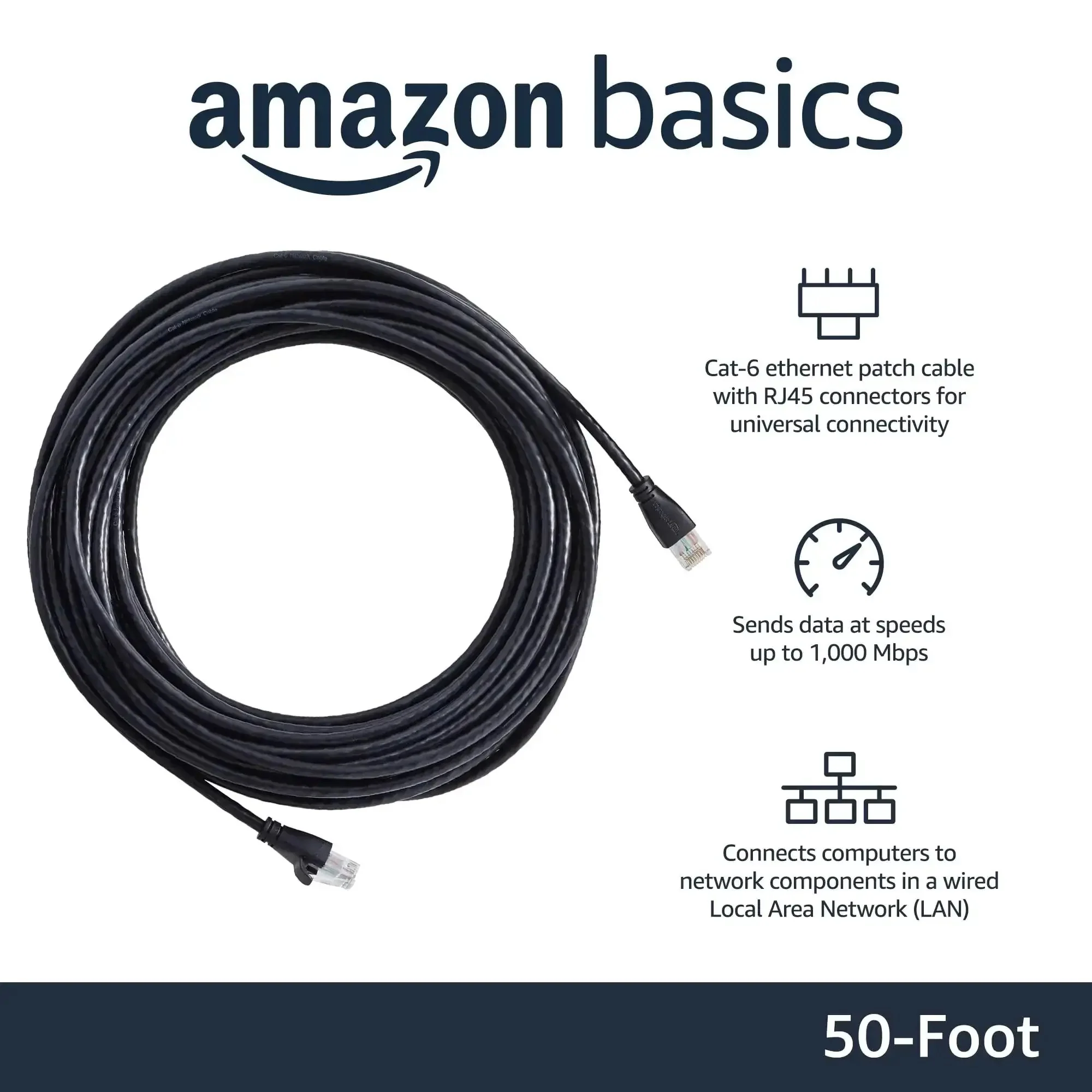 Cat 6 Ethernet Patch Cable 50 Foot With RJ45 Gold Plated Connectors For Fast Home Network Up To 1 Gigabit Per Second Plug And Play PC TV Tablet Router Printer Black - Image 7