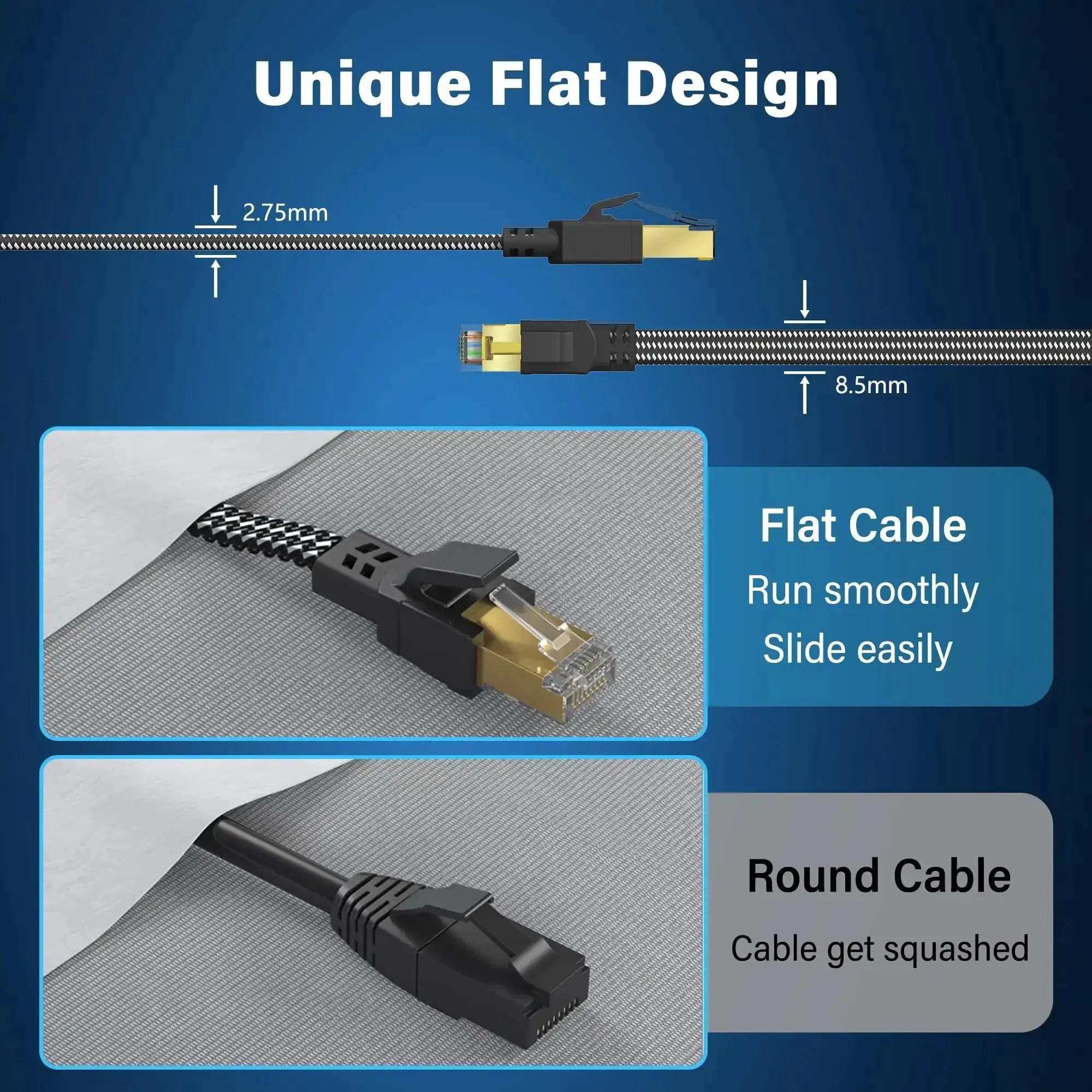 Cat 8 Ethernet Cable 15 Ft Nylon Braided Heavy Duty Patch Cord Shielded SFTP RJ45 Flat In Wall Indoor Outdoor High Speed 40Gbps 2000MHz For Modem Router Gaming PC - Image 4