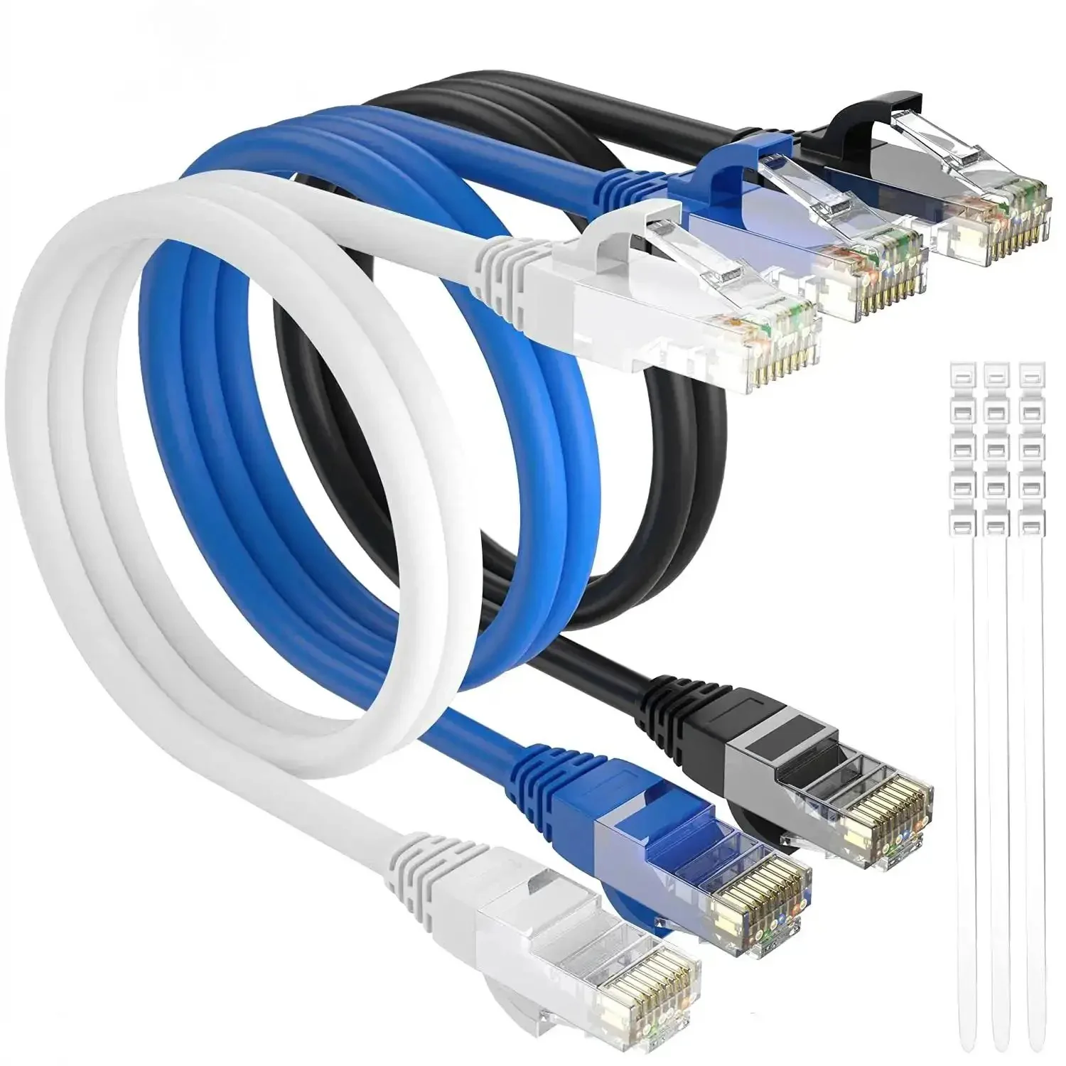 Cat6 Ethernet Cable 10 Ft Three Pack High Speed Patch Cords For Fast Internet, Gaming Ready, 550MHz 1Gbps Performance, Flexible Soft LAN Cable With RJ45 Connectors, Durable CCA Copper, Black White Blue