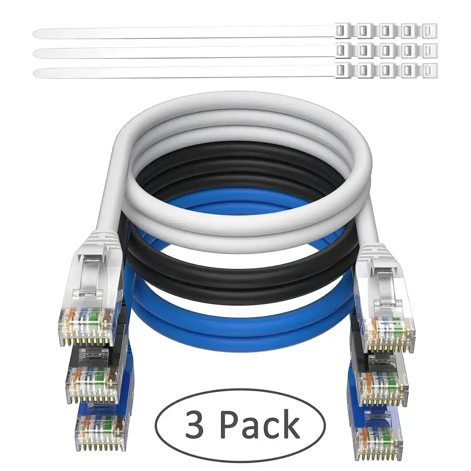 Cat6 Ethernet Cable 10 Ft Three Pack High Speed Patch Cords For Fast Internet, Gaming Ready, 550MHz 1Gbps Performance, Flexible Soft LAN Cable With RJ45 Connectors, Durable CCA Copper, Black White Blue - Image 2
