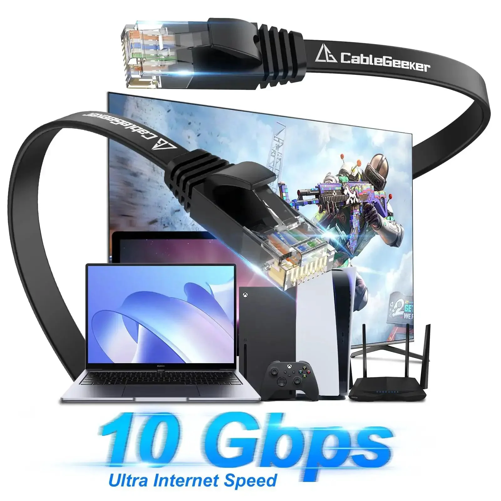 Cat6 Ethernet Cable 100 Ft Indoor Outdoor Rock Solid High Speed 10Gbps Pure Copper Flat Patch Cable Long Computer LAN Cable With Clips And Straps For Router Modem PS4 PS5 Black - Image 9